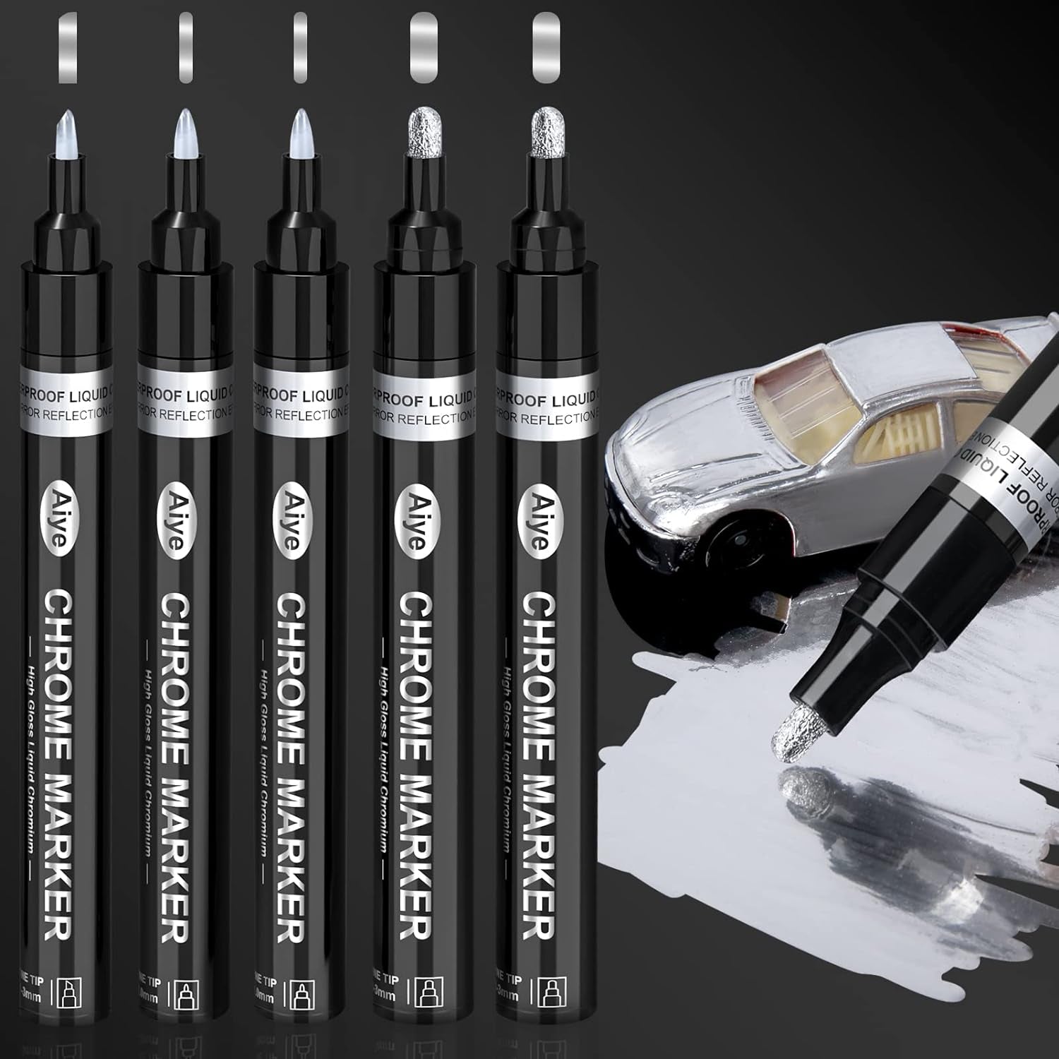 5 Liquid Gold Paint Pens for Art, Mirror Chrome Marker, Reflective Gloss Permanent Marker, Touch up Repair Paint Pen for Model, Wood, Rock, Glass, and Christmas Ornaments Craft (2-3Mm / 1Mm / 1-3Mm)