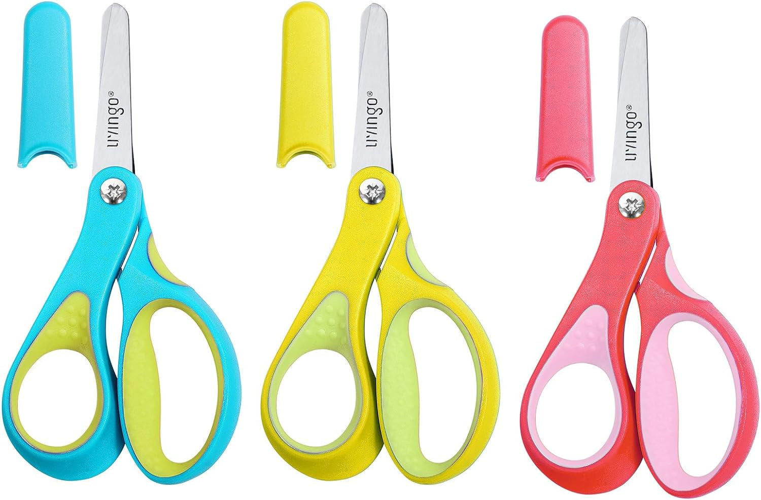 Left Handed Kids Scissors: Blunt Tip Safety Lefty Toddler Child Scissors for School Craft Cutting Paper - 3 Pack 5 Inches Comfort Grip Green, Rose Pink, Blue