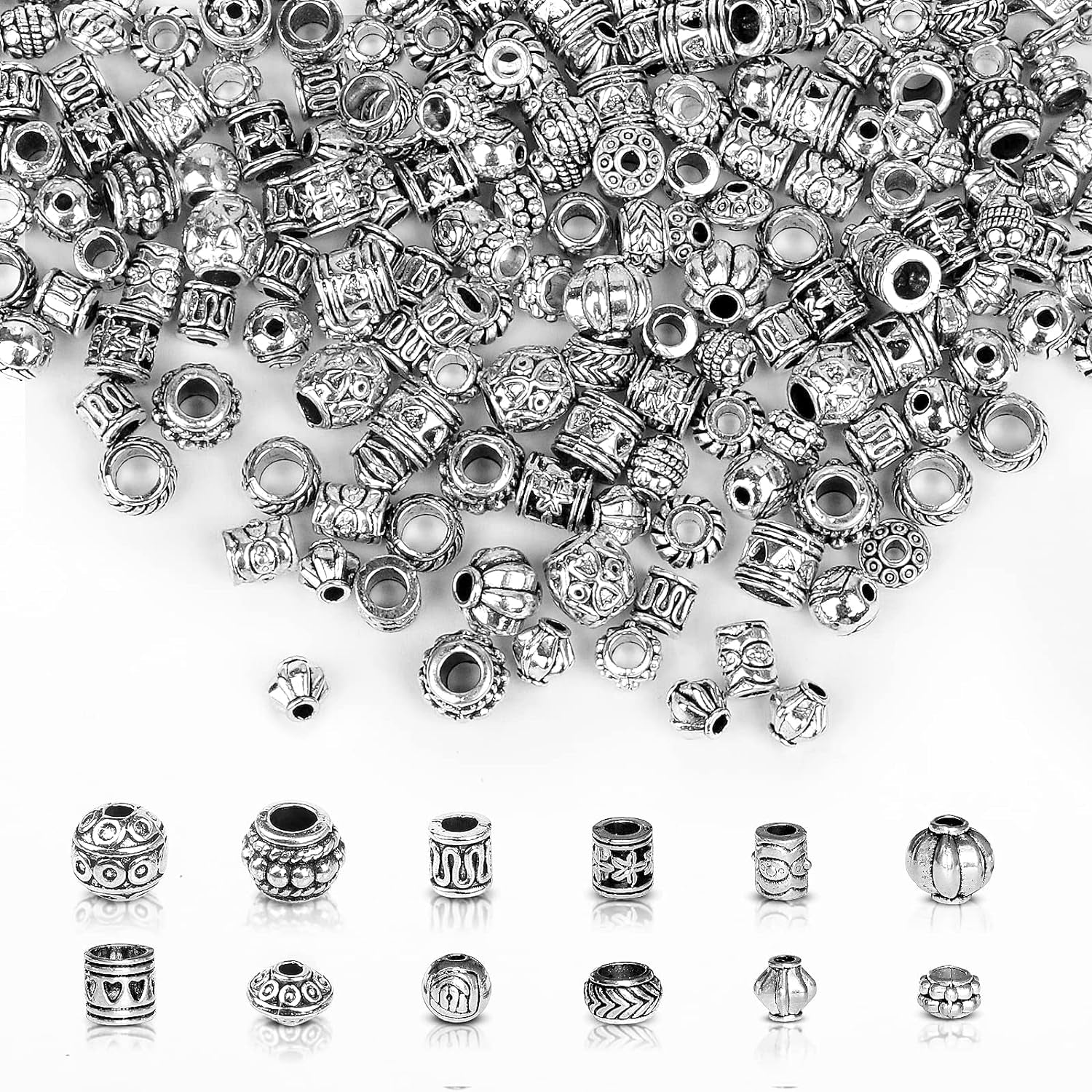 250Pcs Large Hole Beads for Jewelry Making,  200Pcs European Bulk Glass Rhinestones Lampwork with 50+Pcs Silver Spacer DIY Craft Bracelet Necklace Earring Making