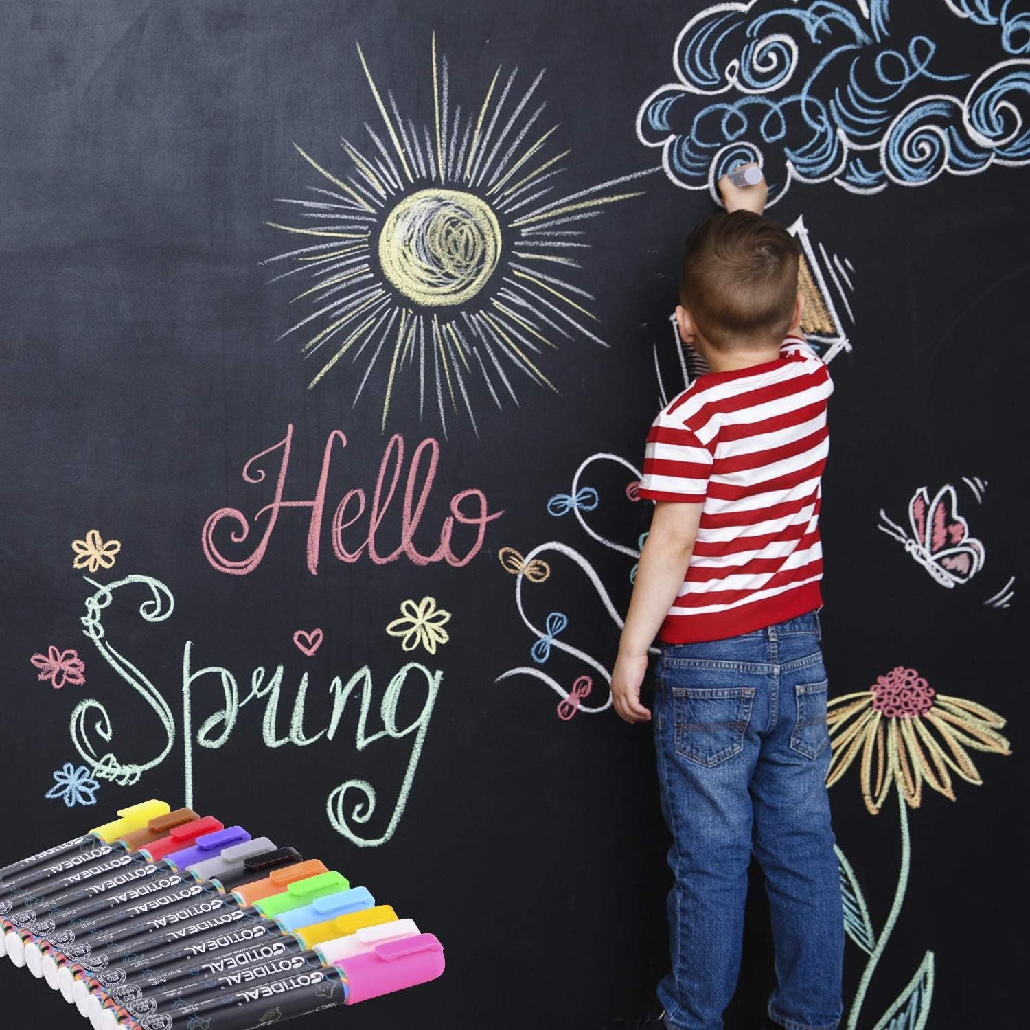 Liquid Chalk Markers, 12 Colors Premium Window Chalkboard Neon Pens, Including 2 Metallic Colors, Painting and Drawing for Kids and Adults, Bistro & Restaurant, Wet Erase - Reversible Tip