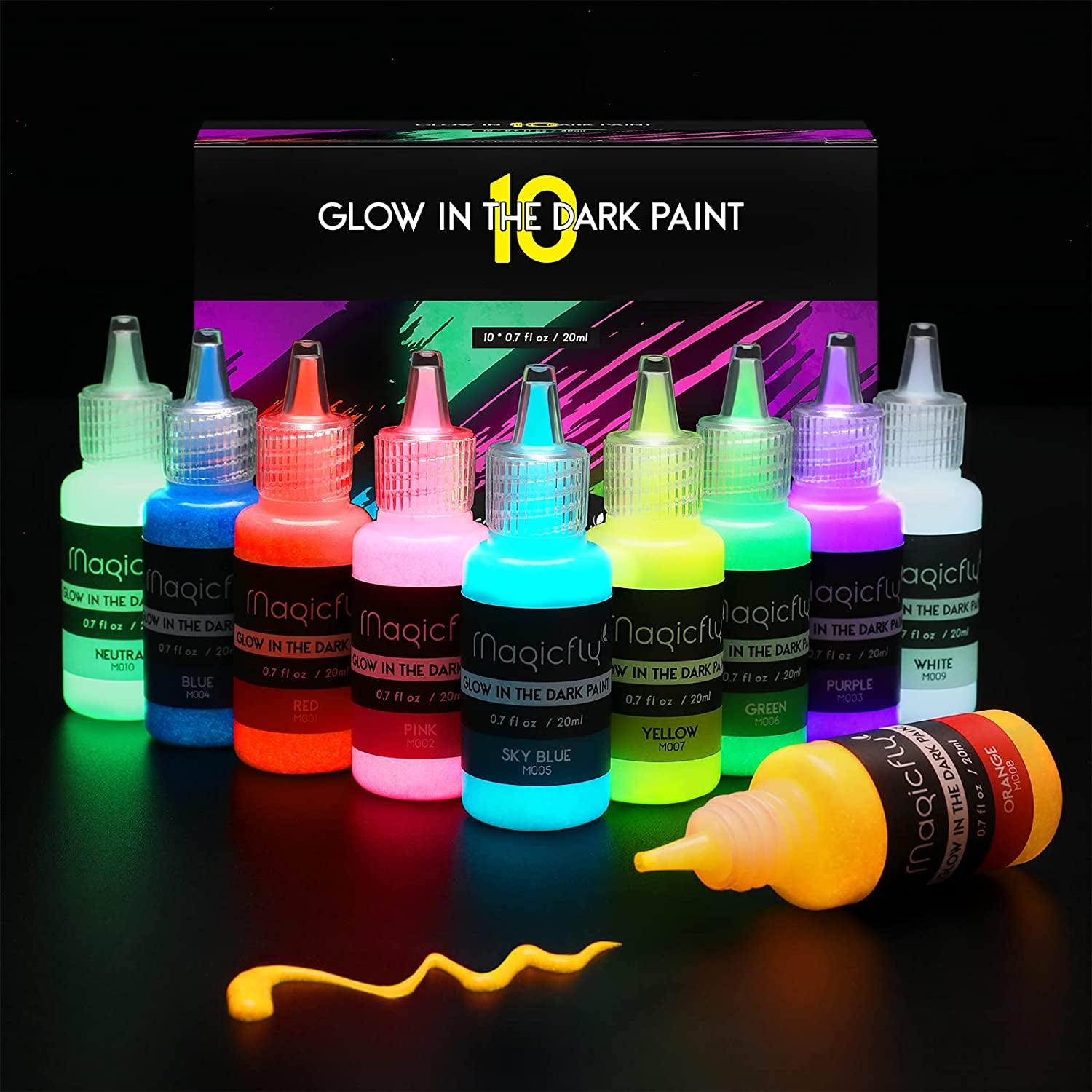 Acrylic Glow in the Dark Paint, 10 Bright Colours Liquid Luminous Paint, Neon Paints Glow in Dark for Painting, Halloween Decoration, DIY Crafts, 20 Ml Each