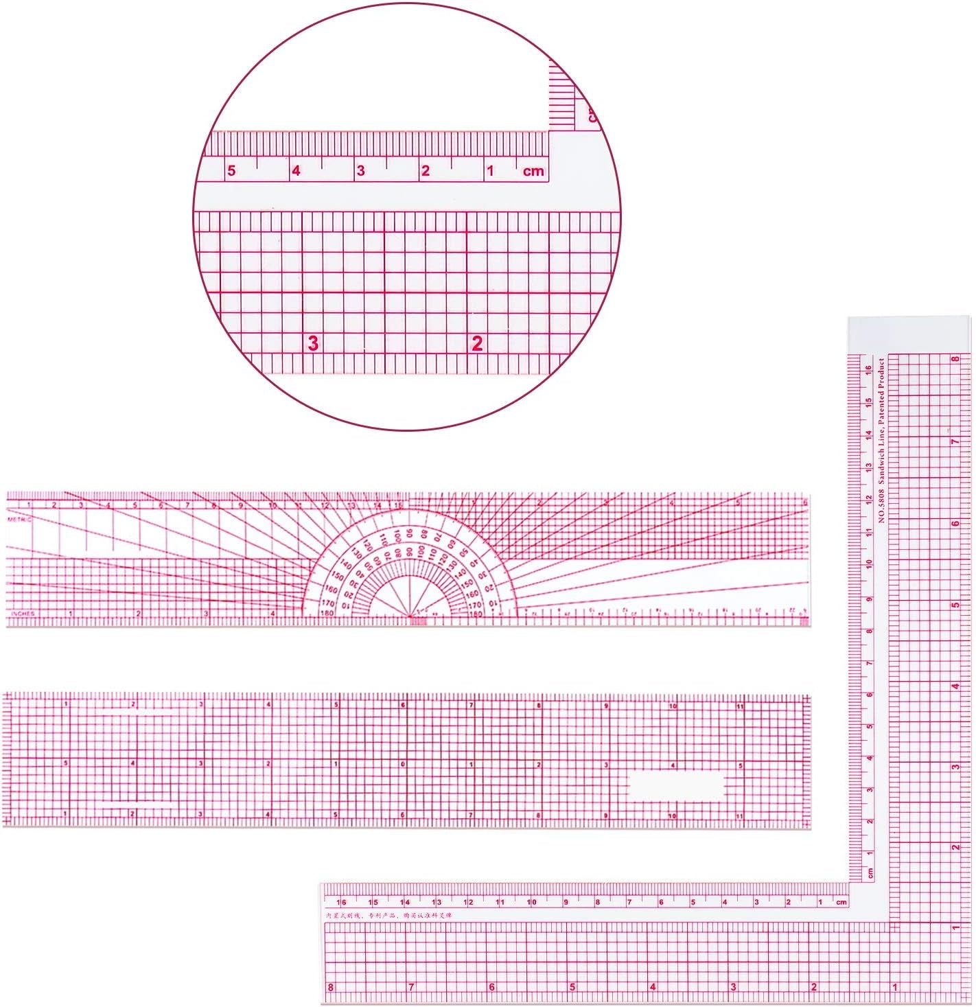 6 Pieces Transparent Ruler Clear Plastic Ruler Beveled French Inch Metric Ruler Sewing Rulers L-Square Rulers Measuring Tool Ruler Set with 2 Grid Scales for Clothes Design