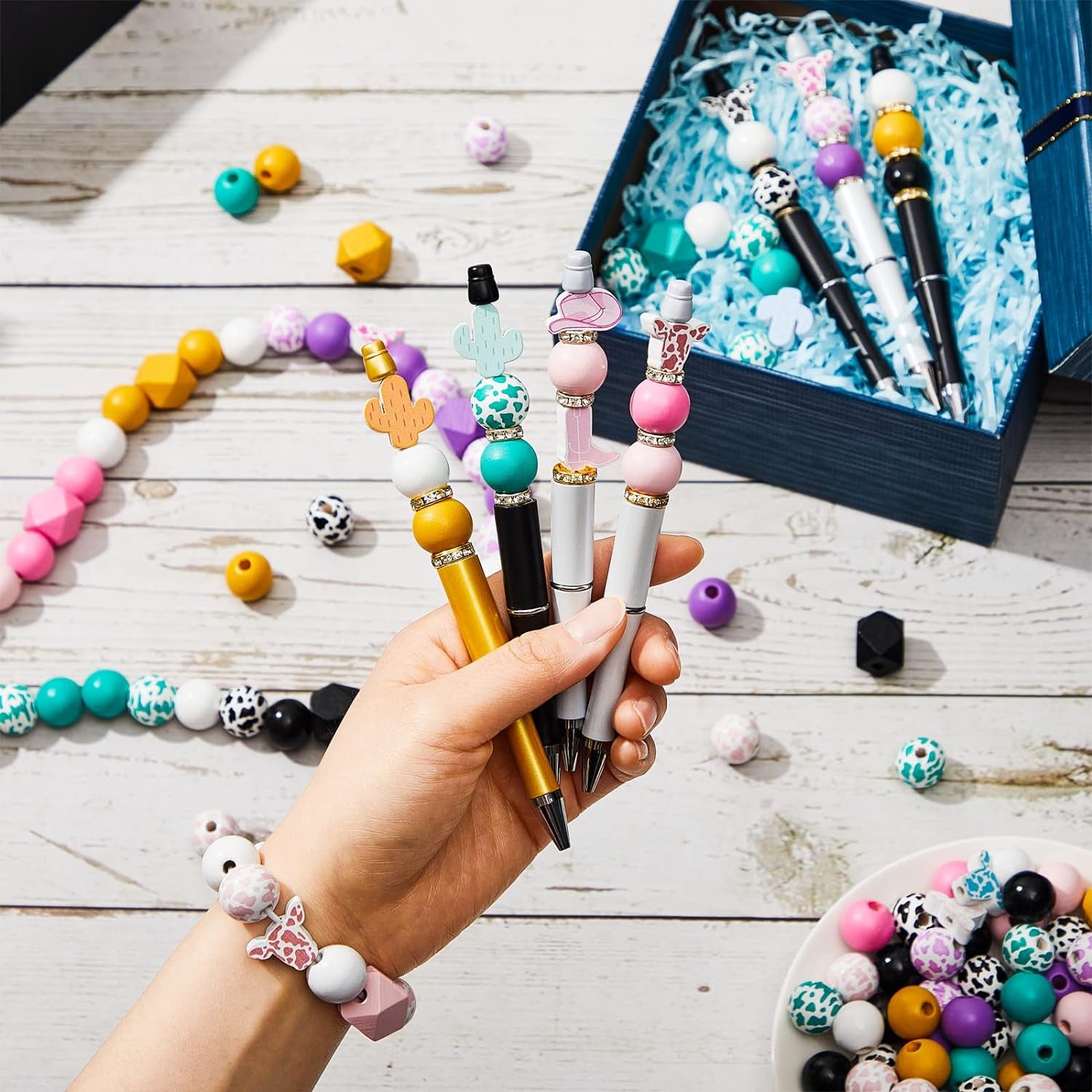 197 Pcs Cow Beads Western Beads Wood Beads for Jewelry Making Beads for Pens Colorful Wood Beads for Crafts with Rope Keyring for DIY Adults Jewelry Bracelets