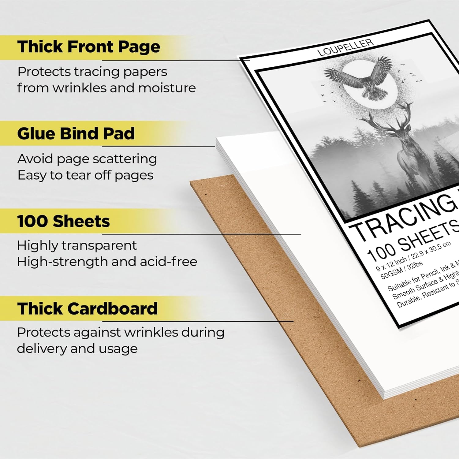 Tracing Paper for Drawing 9”X12" - 100 Sheets of Tracing Paper Pad, 50Gsm Artistic Tracing Paper for Kids, Transparent Paper for Trace Images, Sketch, Drawing by