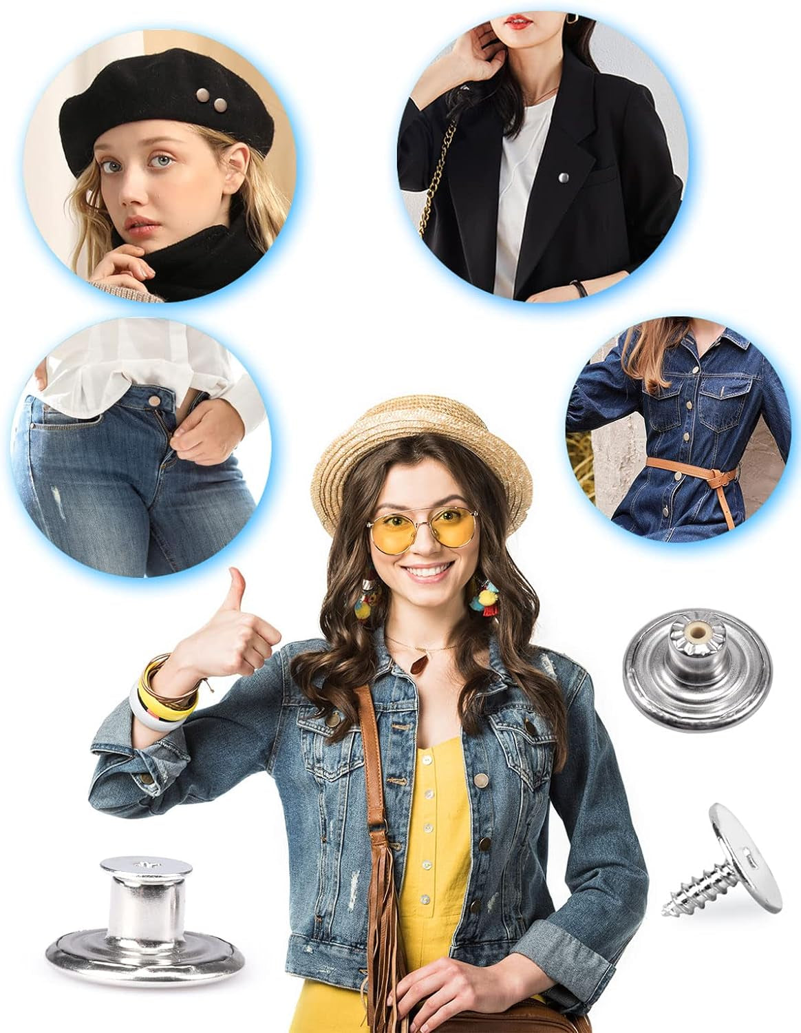 Jeans Button Replacement No Sew:  24 Sets Metal Buttons for Pants - Instant Adjustable Button - Tighten Waist Size by 1 Inch or Extend an Extra Inch - Contains a Removable Screwdriver