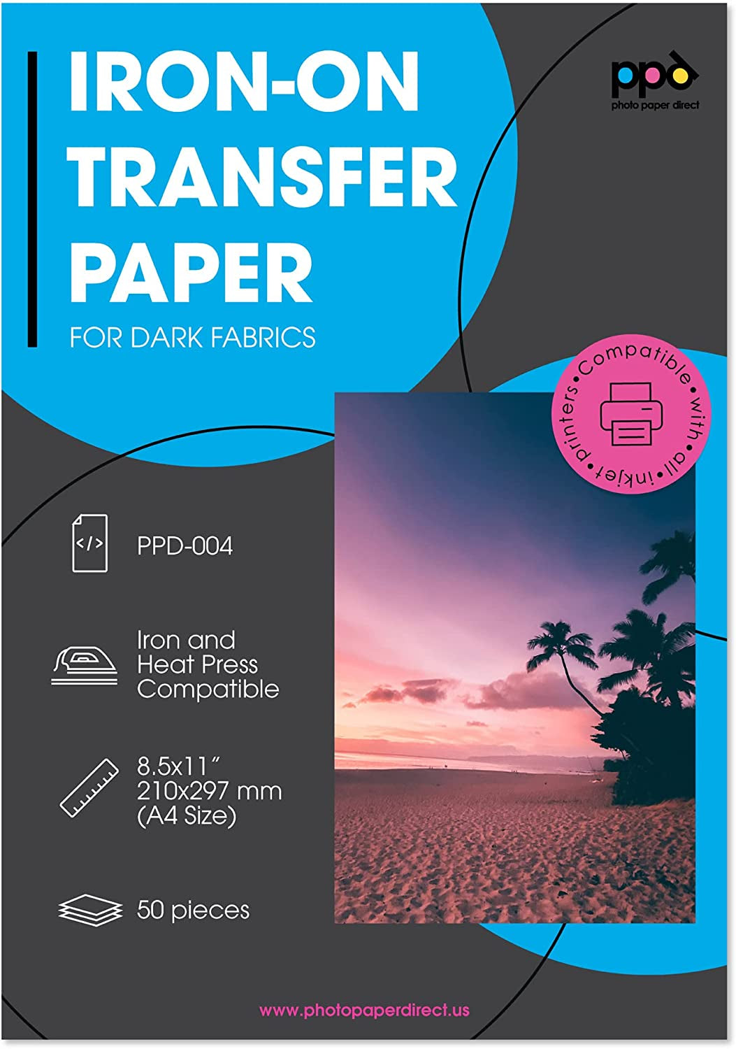 Iron on Transfer Paper for Dark Fabric Compatible with Inkjet Printer, 8.5 X 11 Printable T Shirt Heat Transfer Papers, Custom Print Photo, Durable, Flexible &amp; Machine Washable (5 Sheets)