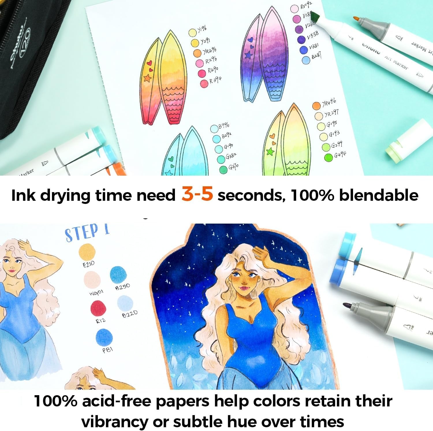 Double Sided Marker Pad Art Sketchbook Bleedproof - 9"X12" Large Paper Size - 90LB/150GSM Smooth Drawing Paper - 60 Sheets/120 Pages, Glue-Bound Sketching Book for Alcohol Markers Christmas Gift