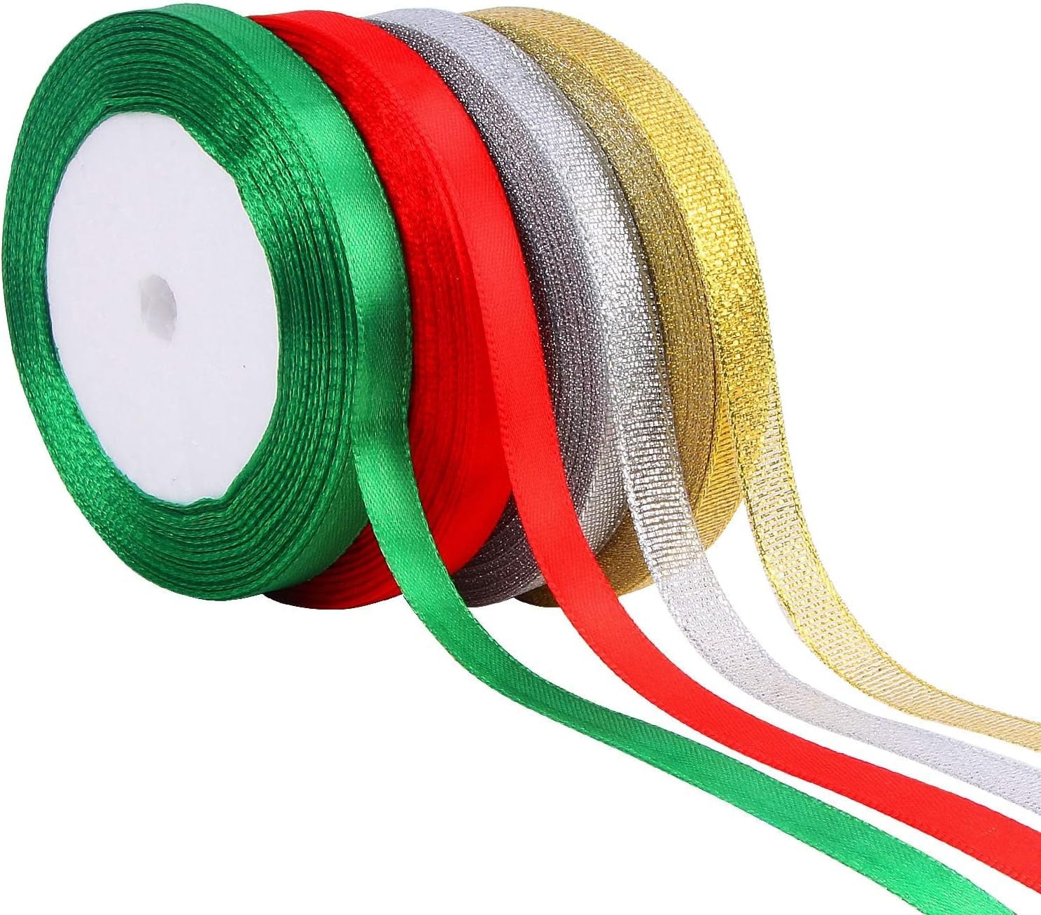 4 Rolls 100 Yards Christmas Ribbons 1Inch Wide Holiday Satin Ribbons Fabric for Gift Wrapping and DIY Craft, Red &amp; Green &amp; Gold &amp;White