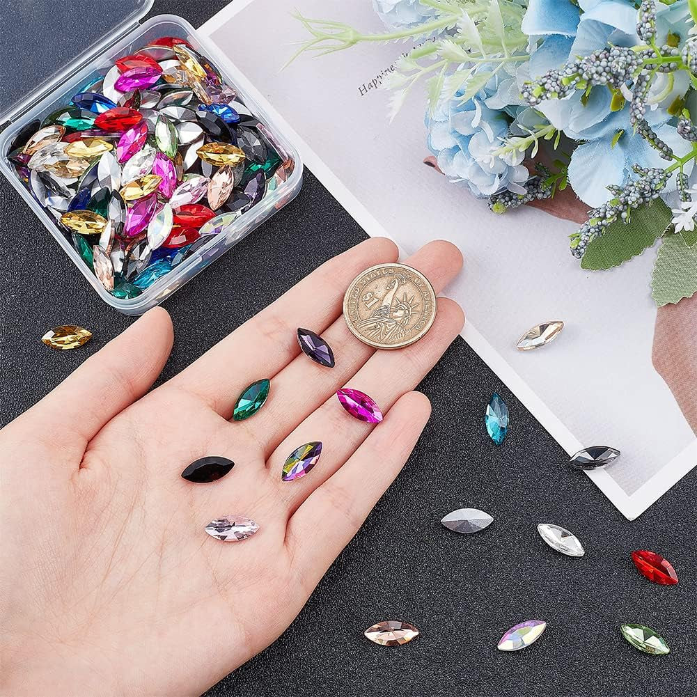128 Pcs 16 Colors Pointback Horse Eye Shaped Gem Stones 0.6X0.3 Inch Glass Rhinestones Gems Jewels Embelishments with Silver Plated Back Crystals Rhinestones for Crafts Jewelry Making