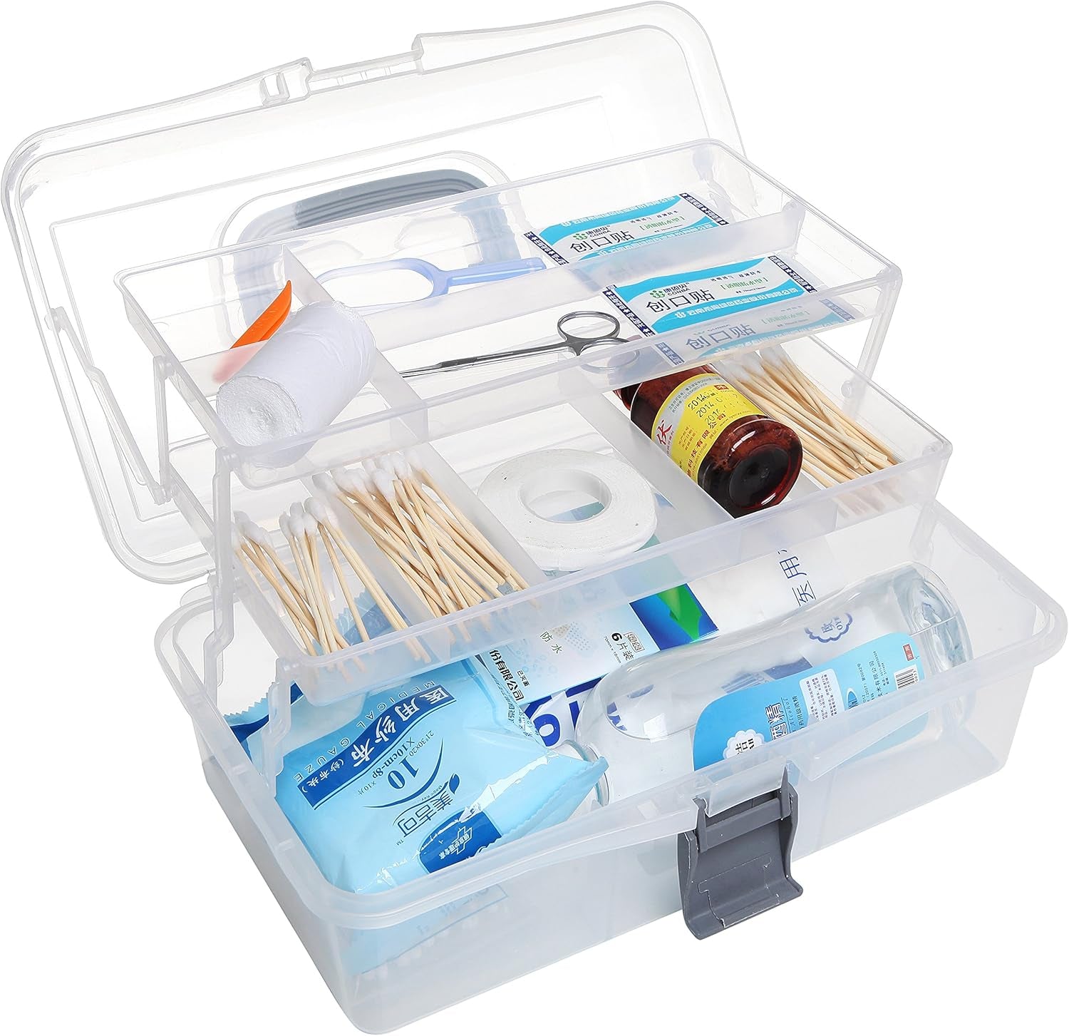 13 Inch Transparent Plastic Empty Multipurpose Storage Box with Gray Handle, Latching Lid and 2 Expandable Trays for Tools, First Aid, Sewing Kit, Arts Crafts Supplies