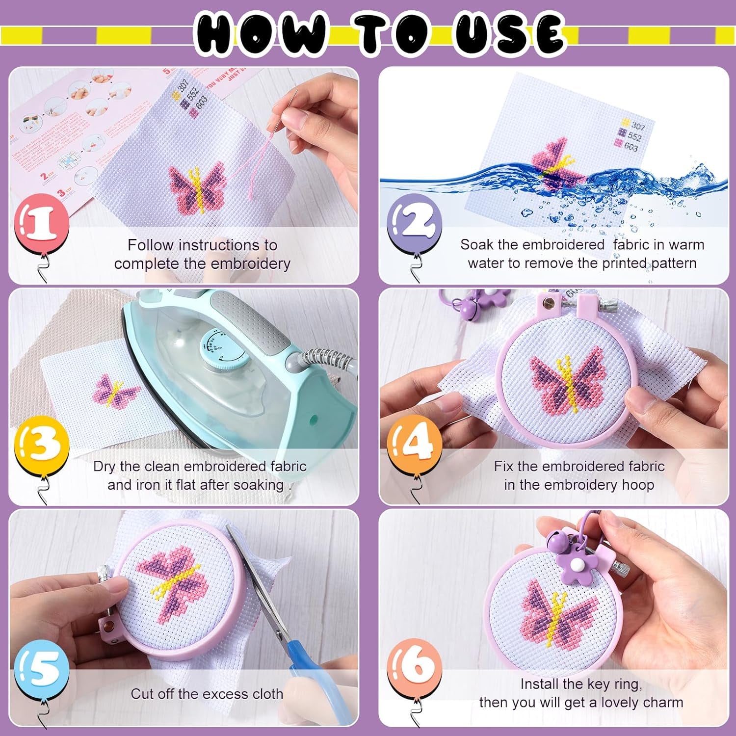 6 Sets Cross Stitch Kits for Kids Embroidery Kit for Beginners Embroidery Stitches Practice Kit Beginner Embroidery Kit Starters Cross Stitch Kits Stamped Needlepoint Kits for Beginners