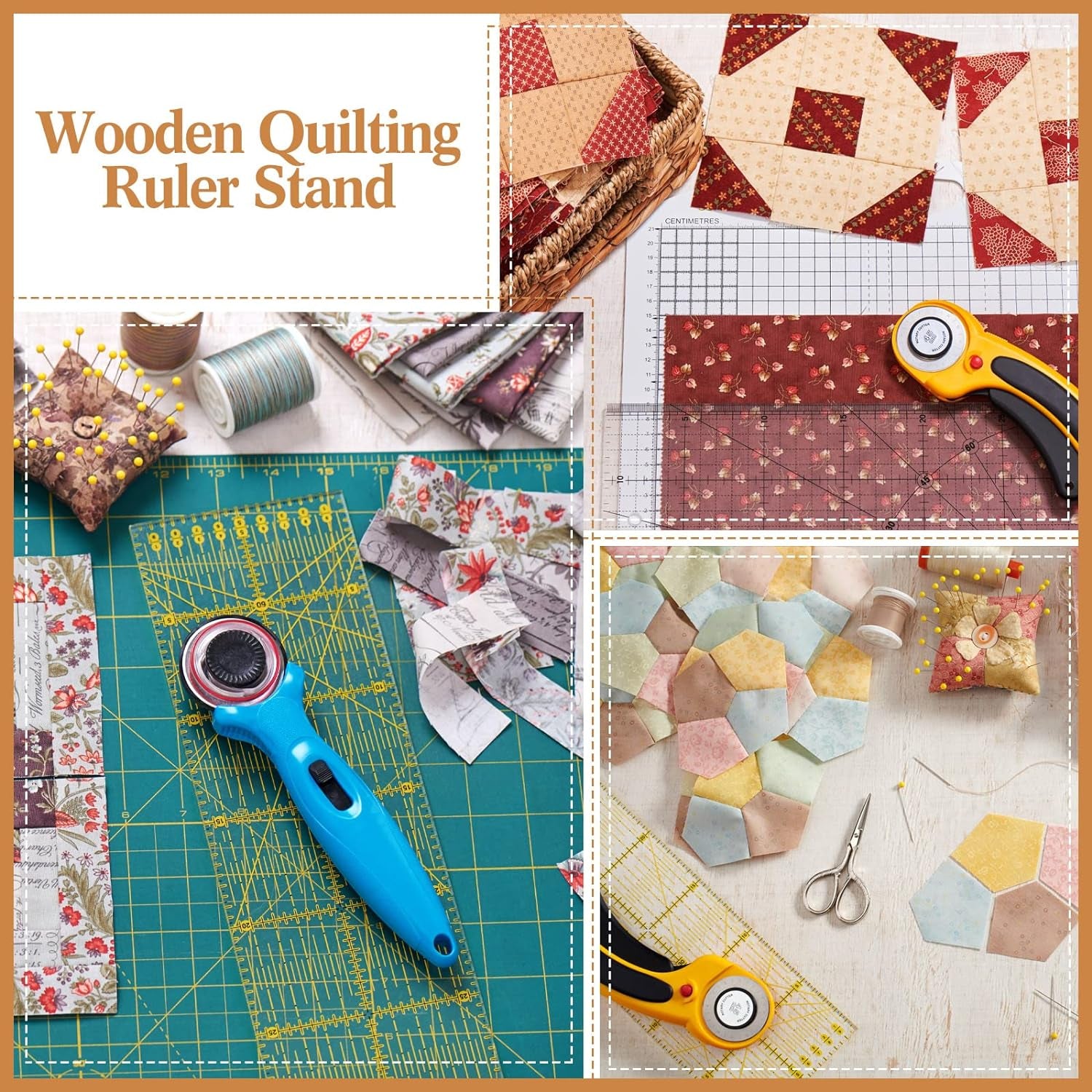 2 Pieces Wooden Ruler Rack Quilting Ruler Rack Organizer Quilting Ruler Holder Wood Quilting Grid Ruler with 5 Slots for Ruler Organizer Home Office Desk Stand (Brown)