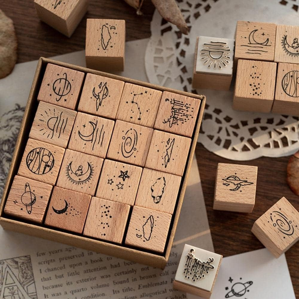 32 Pieces Wooden Rubber Stamp Set, Moon Star Botanical Decorative Wood Stamps for Journal, Diary, Scrapbook, Planner, Letter, DIY Craft, Card Making