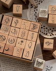 32 Pieces Wooden Rubber Stamp Set, Moon Star Botanical Decorative Wood Stamps for Journal, Diary, Scrapbook, Planner, Letter, DIY Craft, Card Making