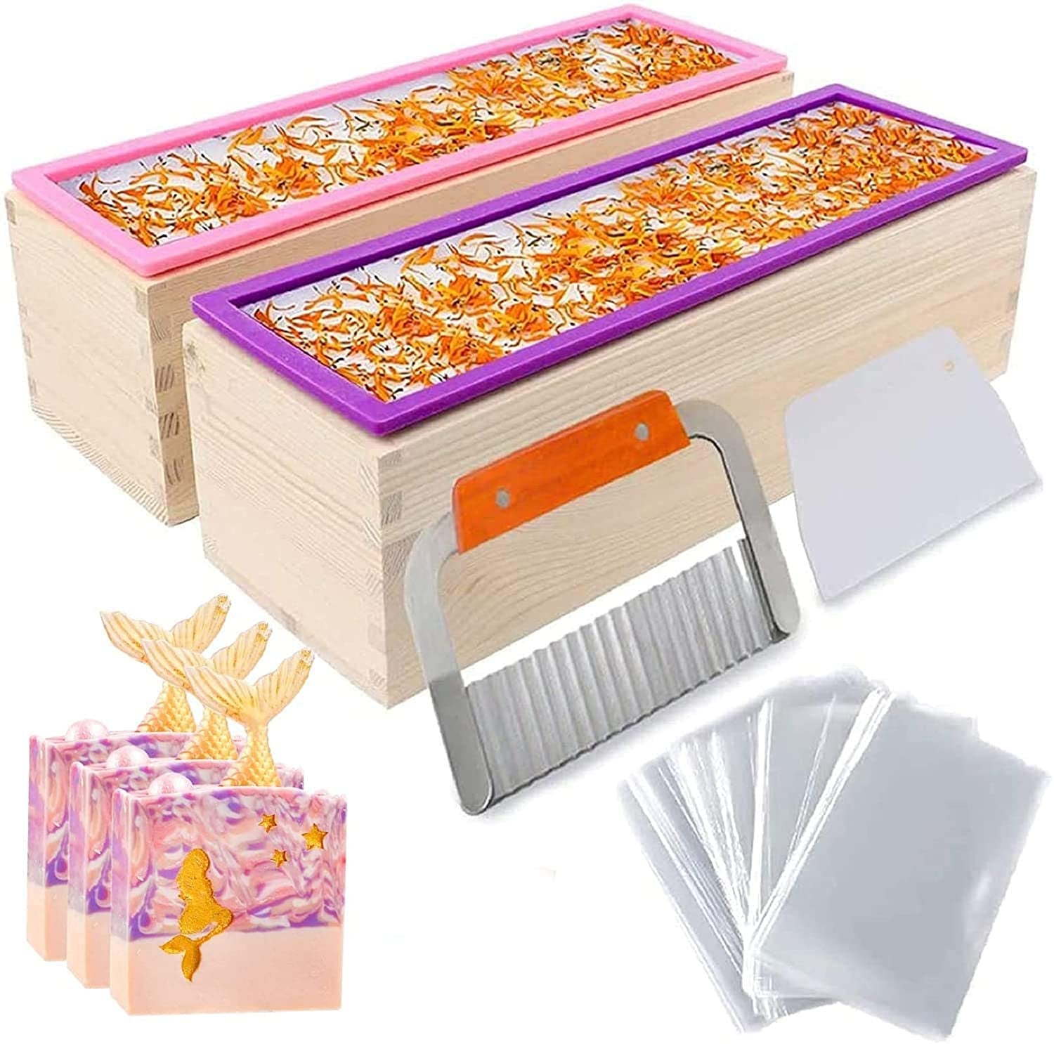Silicone Soap Mold for Soap Making, Rectangular Loaf Soap Mold with Wooden Boxes, 2 Cutters and 100Pcs Bags, 2Pcs, 42Oz
