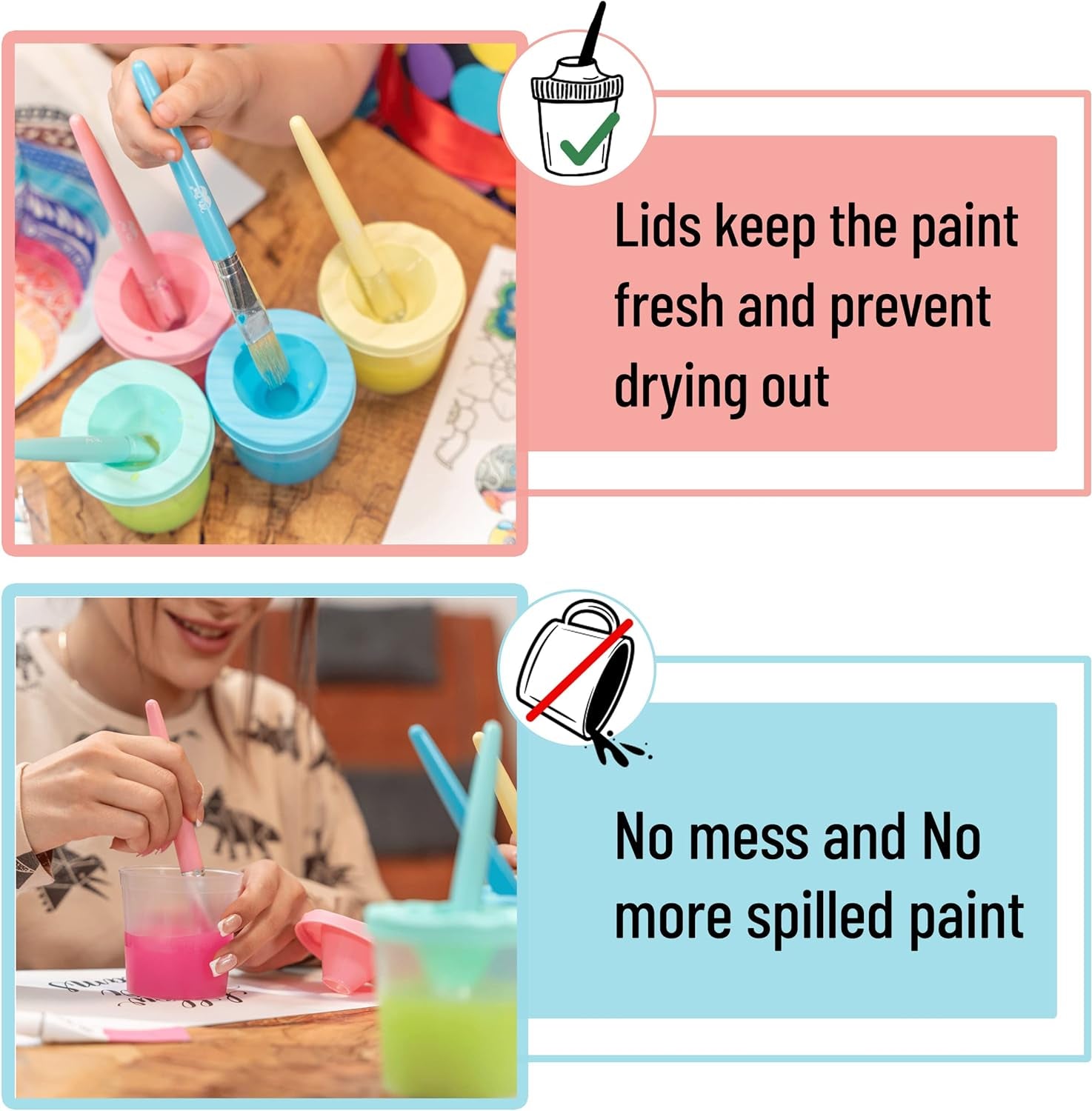 - No Spill Paint Cups with Pastel Colored Lids, 4 Pcs with 4 Paint Brushes, Paint Containers with Lids, Paint Cups with Lids for Kids, Paint Cups for Painting, Spill Proof Paint Cups for Kids