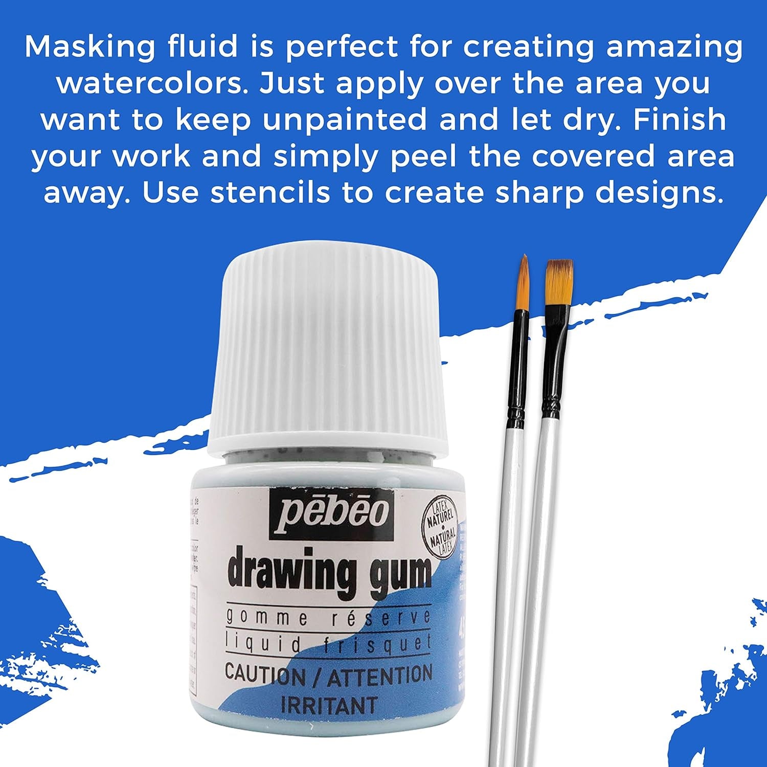 Pebeo Drawing Gum Made in France - Masking Fluid for Watercolor Painting and Various Art Projects - Bundled with  Applicator Brush Set
