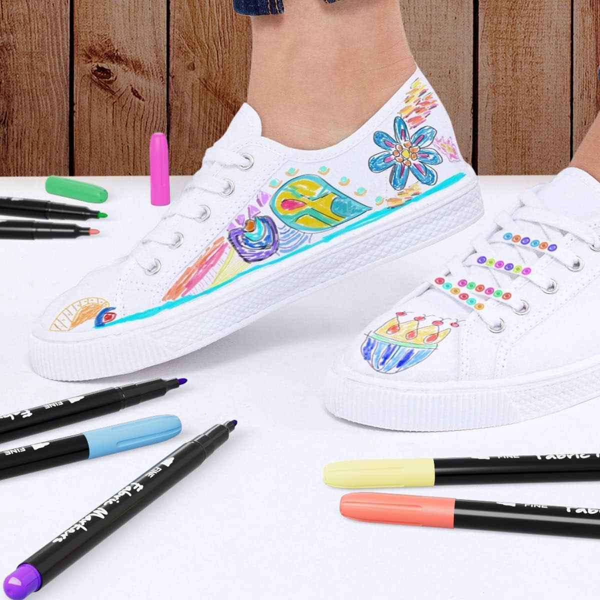 Fabric Markers Permanent for Clothes Sneaker Shoes T Shirt Baby Onesies Bibs Bodysuit Pillow Canvas Tote Bags Graffiti Kids Adults Fabric Decorating, Fine Point Pen Fabric Paint Pens Set of 20 Colors