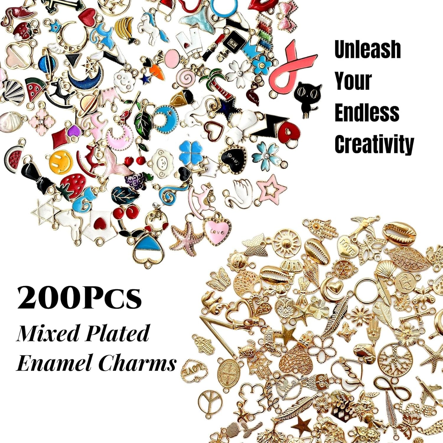 200Pcs Mixed Gold Plated Enamel Charms for Jewelry Making - Also Includes 52Pcs Letter Pendants, 400Pcs Jump Rings and 100Pcs Lobster Clasps for Necklaces,Bracelets,Earrings,Diy Crafting