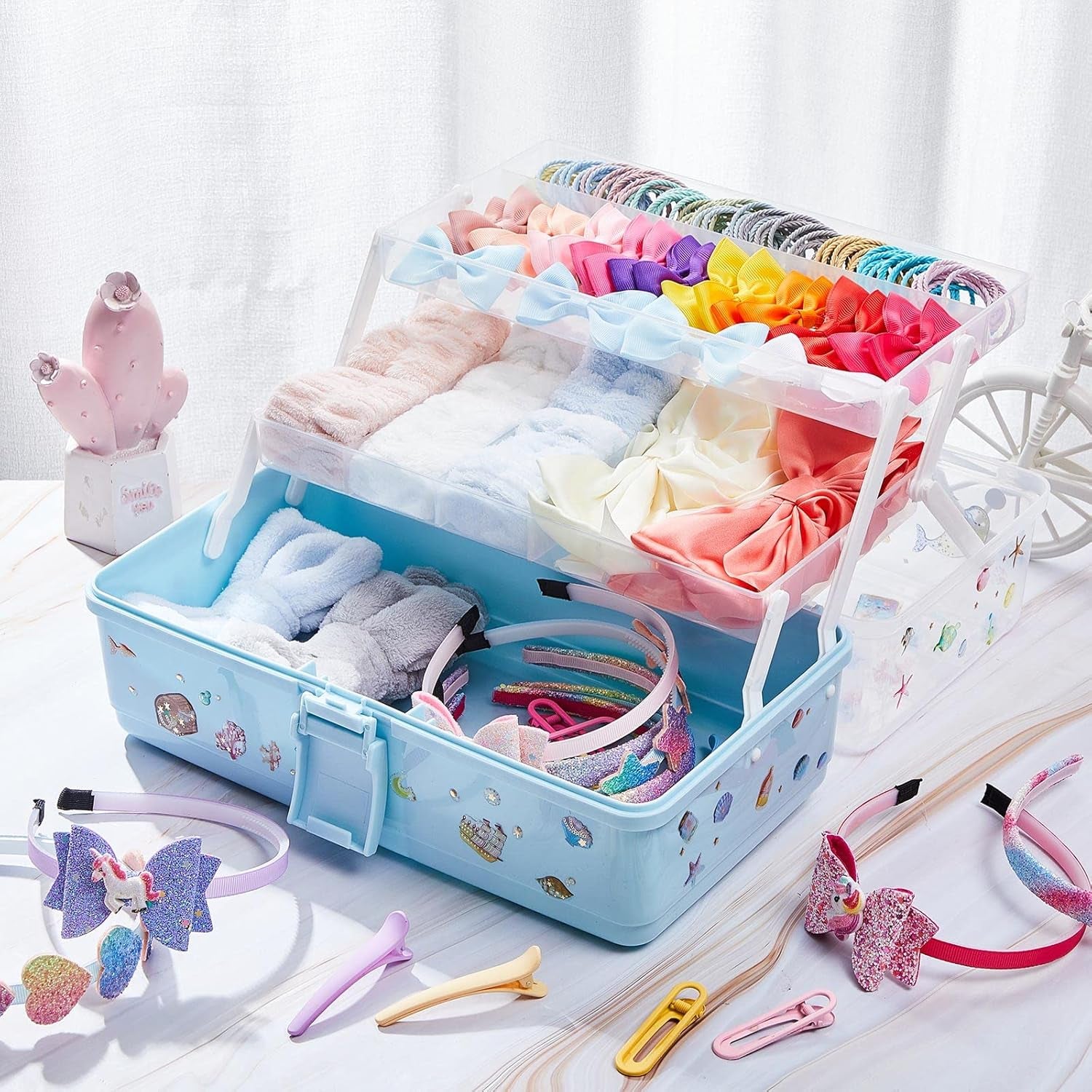 Hair Accessories Organizer 13 Inch Hair Accessories Storage Box with Fold Tray and Handle 3 Layers Plastic Tool Box Hair Accessories Organizer Box for Art Sewing Nail with Stickers (Blue)