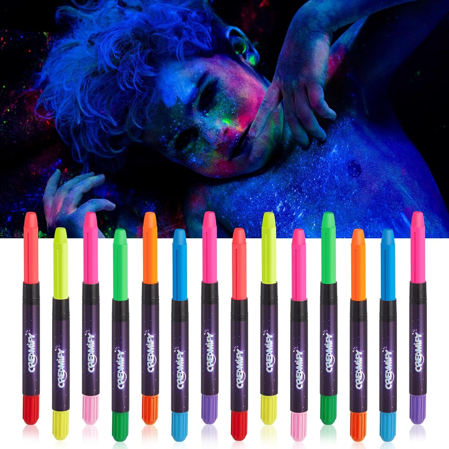 14 Pcs Glow in the Dark Face Paint,  Black Light Neon Face &amp; Body Paint, Halloween Masquerade Makeup Sticks, Fluorescent Crayons Kit for Kids