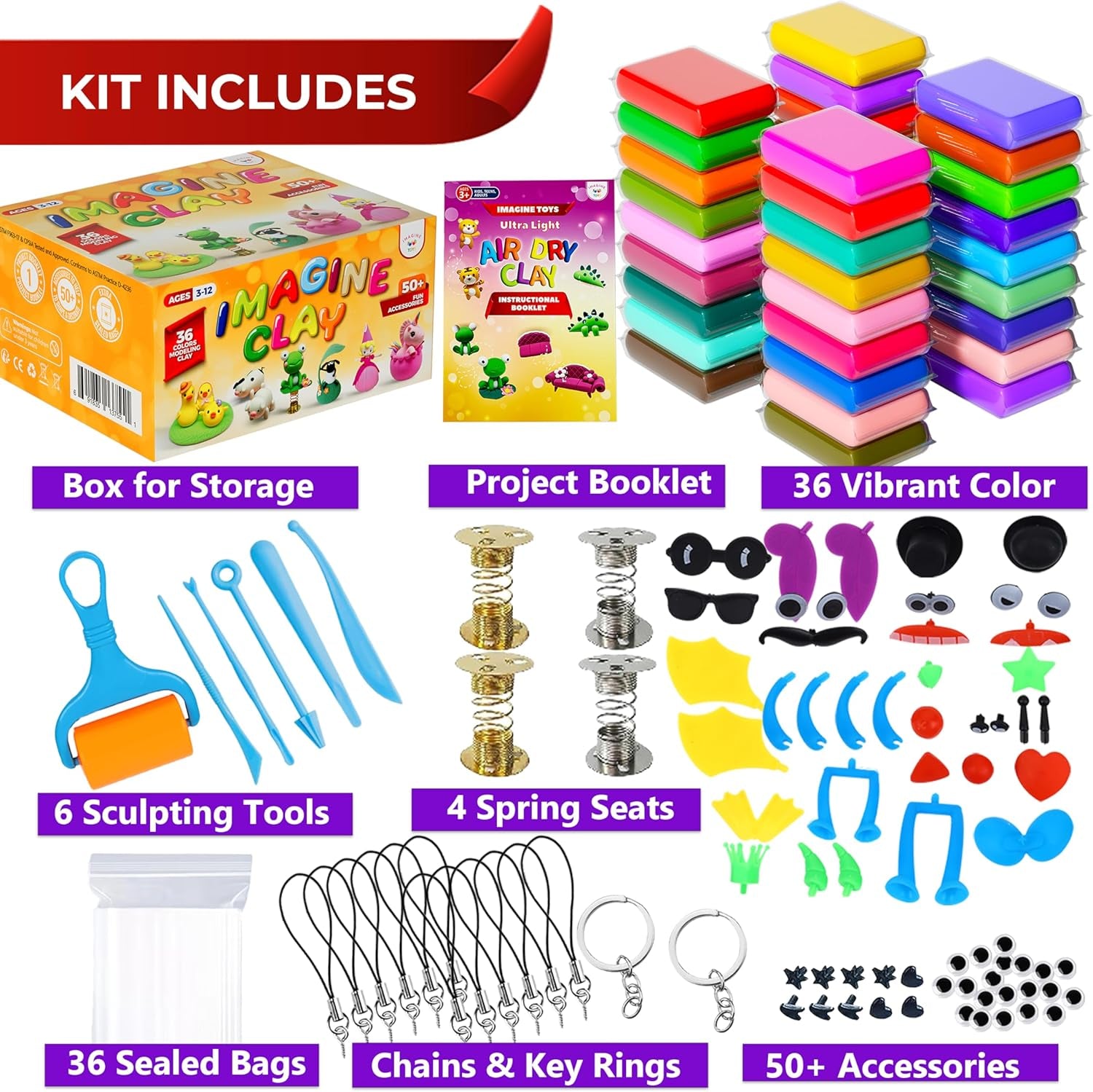 Imagine Clay Complete KIT - 36 Colors Air Dry Modeling Clay with 5 Sculpting Tools plus Roller, 50+ Decorations, 4 Spring Seats, 10 Phone Chains, 2 Key Rings, Booklet, Etc. Great Gift. Age 3-12+