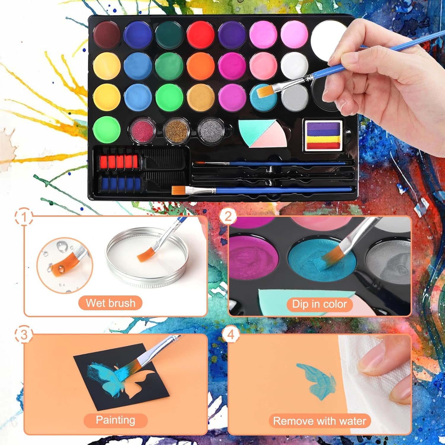 Face Painting Kit for Kids - 24 Water Based Non-Toxic Sensitive Skin Paints 3 Glitters 1 Rainbow Split Cake 2 Hair Chalks Combs 3 Paint Brushes 40 Stencils Face Body Paint for Kids Party