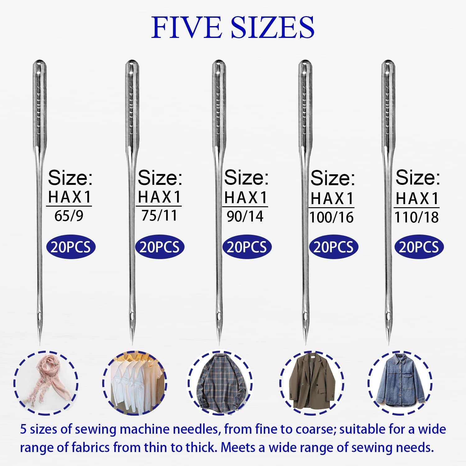 Sewing Machine Needles, Pack of 100, for Singer, Brother, Janome, Varmax and Home Sewing Machines. Universal Standard Needles in Sizes 65/9, 75/11, 90/14, 100/16, 110/18 (100)