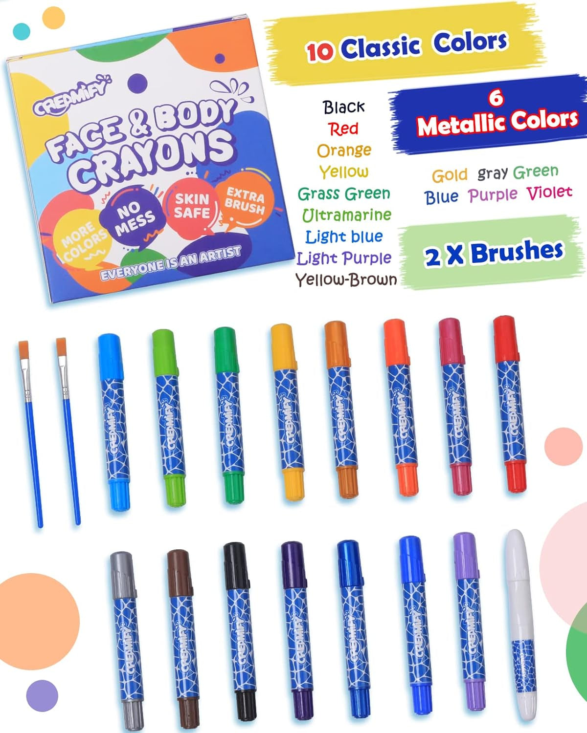 Rainbow Colors Face Painting Kits- 16 Colors Twistable Face Paint Marker Sticks with 2 Brushes, LGBT Washable Face Paint Crayons Kit, Birthday, Pride Day