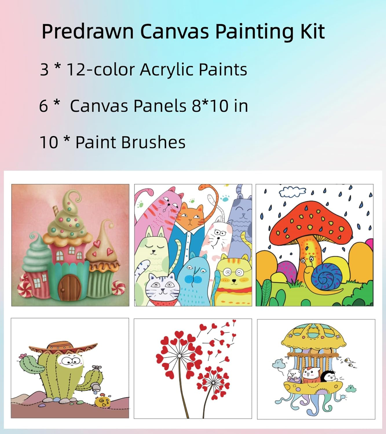 Kids Predrawn Canvas for Painting - 6 Packs 8X10 in Painting Canvas Panels Acrylic Paint Set with 12 Paints 10 Brushes for Girls Boys and Beginners
