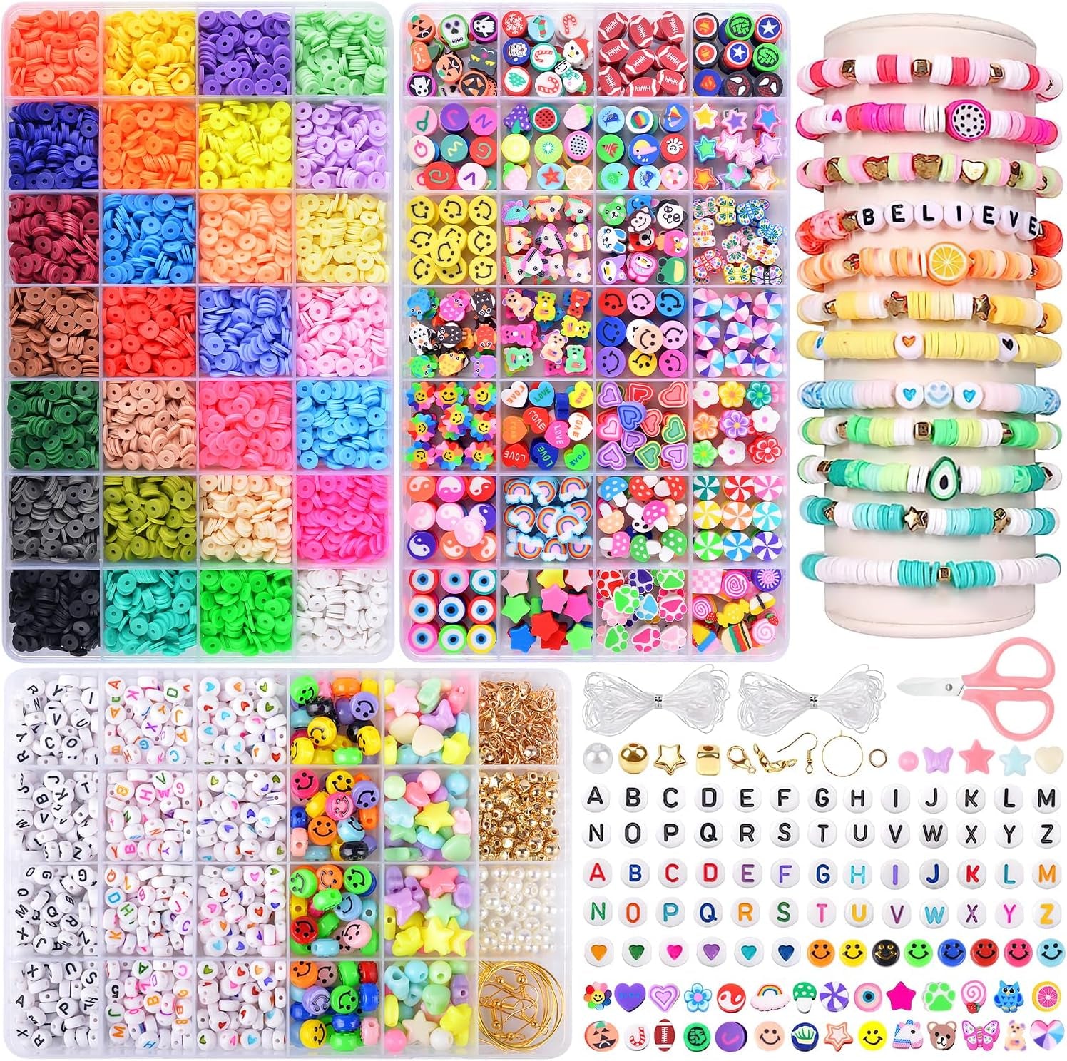 Clay Beads Bracelet Making Kit 10000 PCS 56 Colors Flat round Polymer Heishi Beads Kit with Letter Beads for Jewelry Bracelets Necklace Making