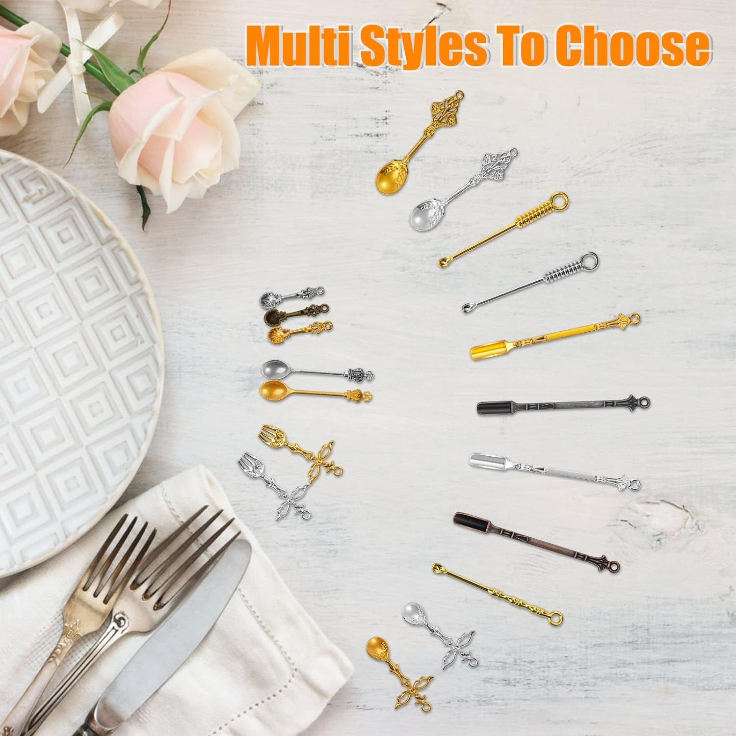 34 Pieces Mini Shovel Spoon,  Little Spoon Pedants Tiny Spoon Mini Shovel Spoons Charms Tableware Charm Pendants, 7 Style Tiny Micro Spoon Kitchen Pendant Spoon