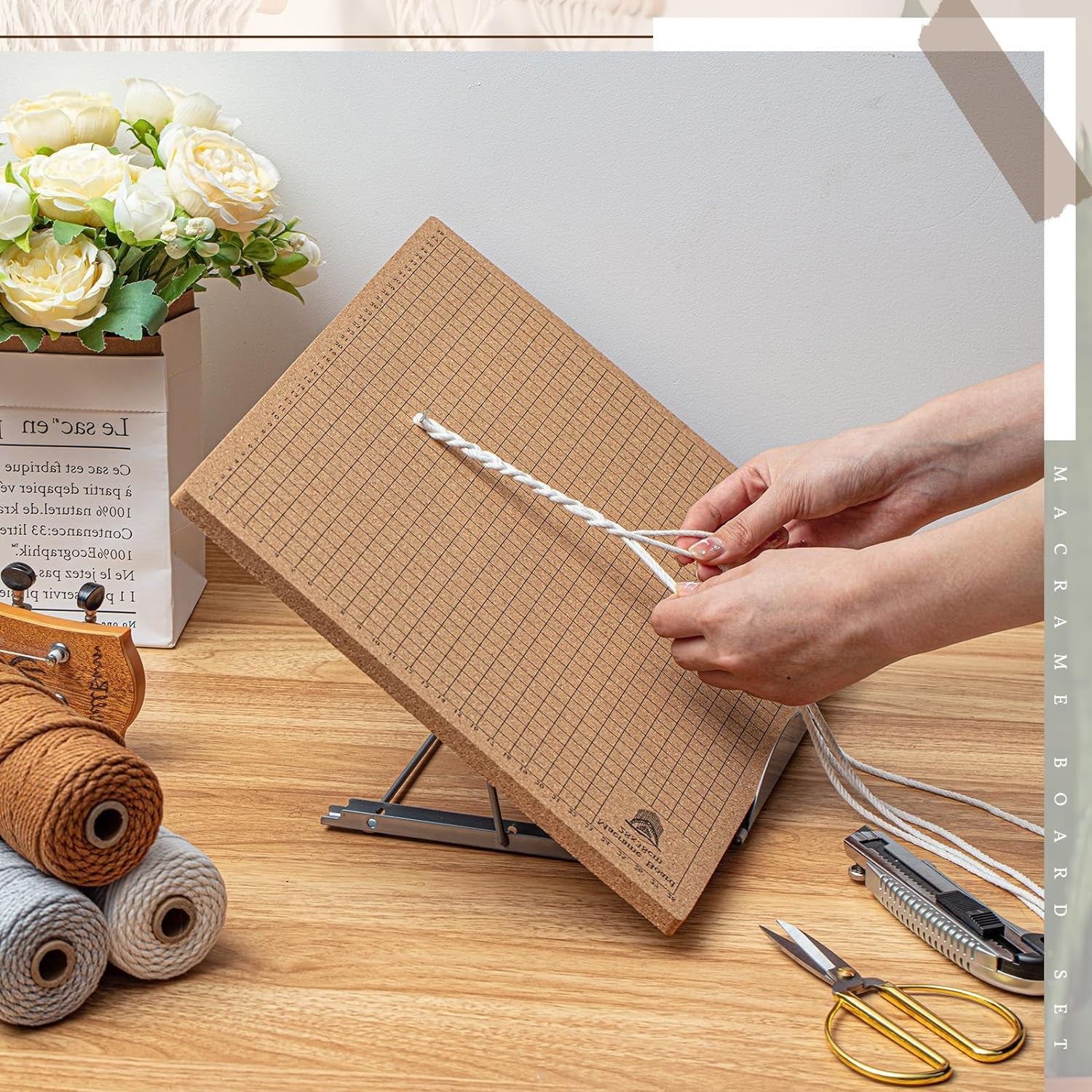 104 Pcs 12X16 Inch Macrame Board and Metal Adjustable Holder with T Pins Clips Macrame Supplies Double Sided Grids Macrame Project Board Macrame Tools for Braiding Cording Bracelet Creating