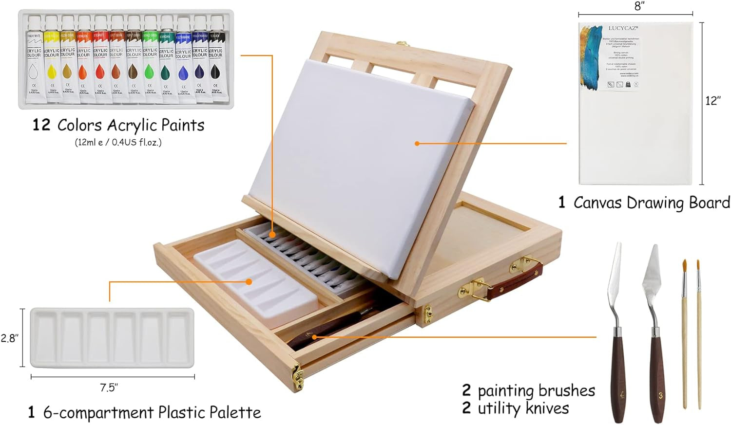 Tabletop Easel Set - Easel for Painting Canvases, Painting Easel Kits for Kids and Adults with Wood Canvas Stand, 12 Colors Acrylic Paints, 2 Brushes, Plastic Palette and Palette Knives