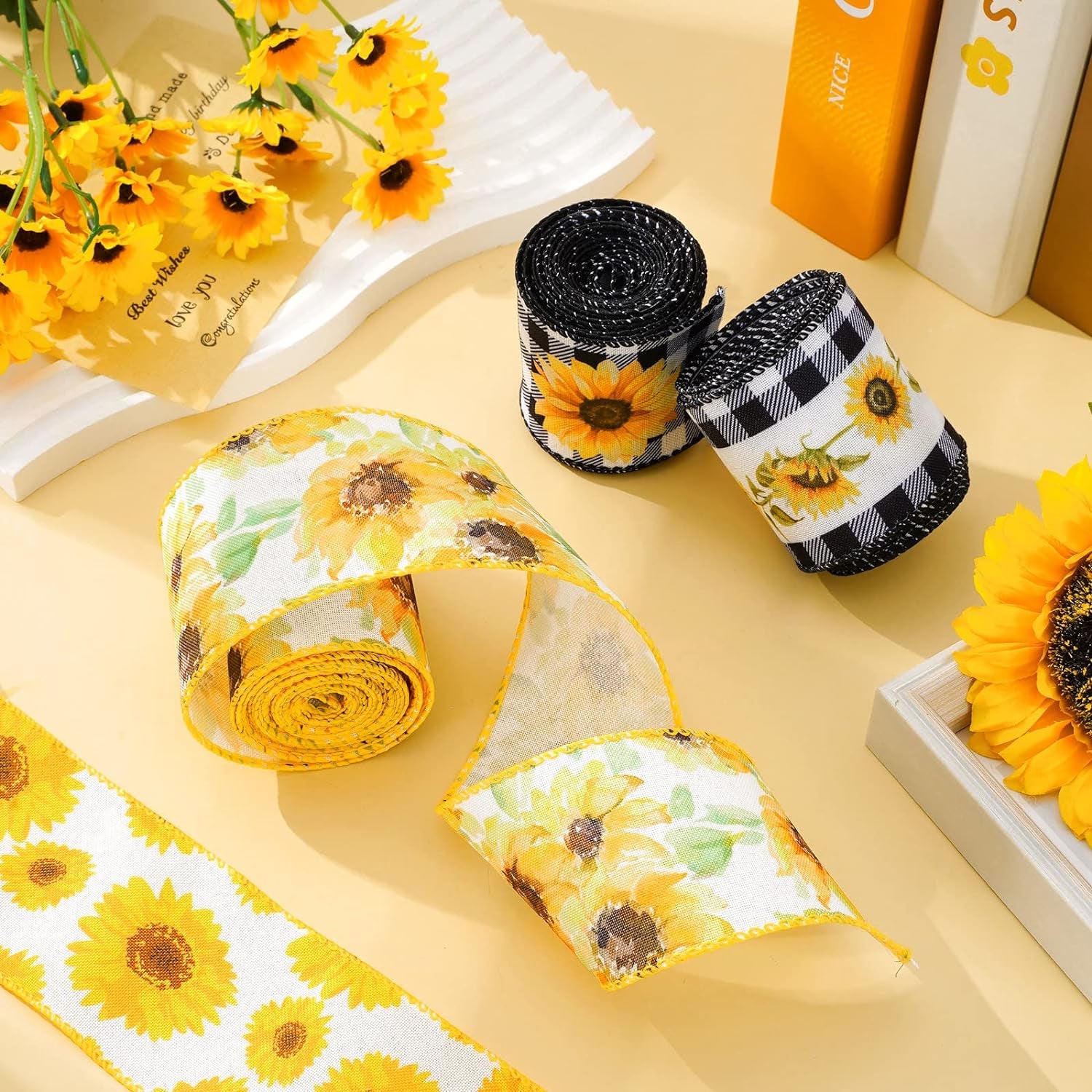 36 Yard Sunflower Wired Edge Ribbon 6 Roll 2.5 Inch Buffalo Plaids Flower Fabric Ribbon Spring Summer Floral Decorative Craft Ribbon for Gift Wrapping Decor Hair Bow Sewing Wreath Crafts