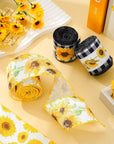 36 Yard Sunflower Wired Edge Ribbon 6 Roll 2.5 Inch Buffalo Plaids Flower Fabric Ribbon Spring Summer Floral Decorative Craft Ribbon for Gift Wrapping Decor Hair Bow Sewing Wreath Crafts