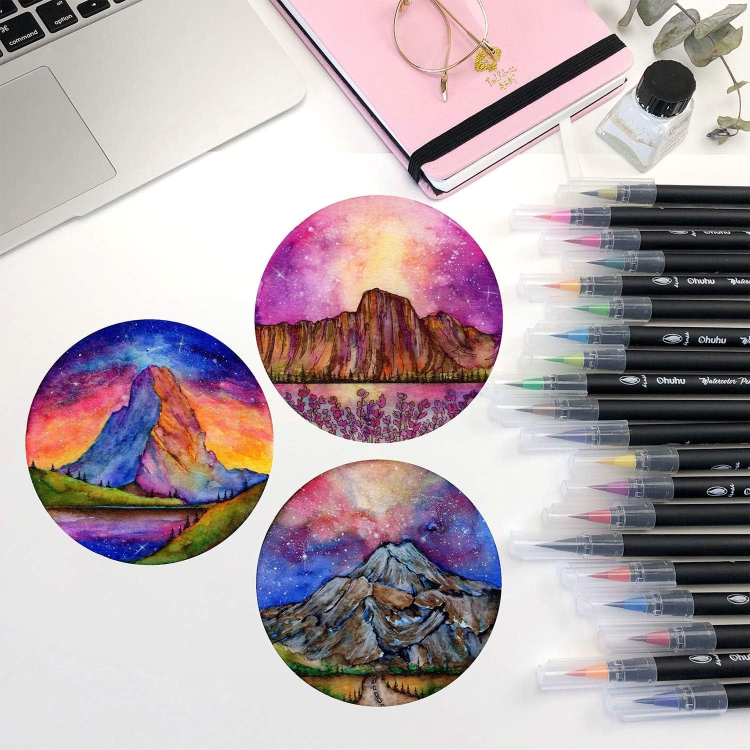 Professional Watercolor Brush Markers Pen 24 Colors of , Water Based Drawing Marker Brushes W/A Blending Aqua Pen, Water Soluble for Adult Coloring Books Comic Calligraphy