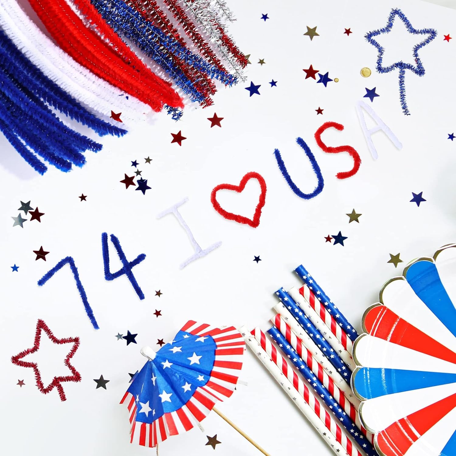 500Pcs Independence Day Pipe Cleaners Red White Blue Silver Colorful Pipe Cleaners Craft Supplies Glitter Chenille Stems for 4Th of July Patriotic Party DIY Art Craft Decorations