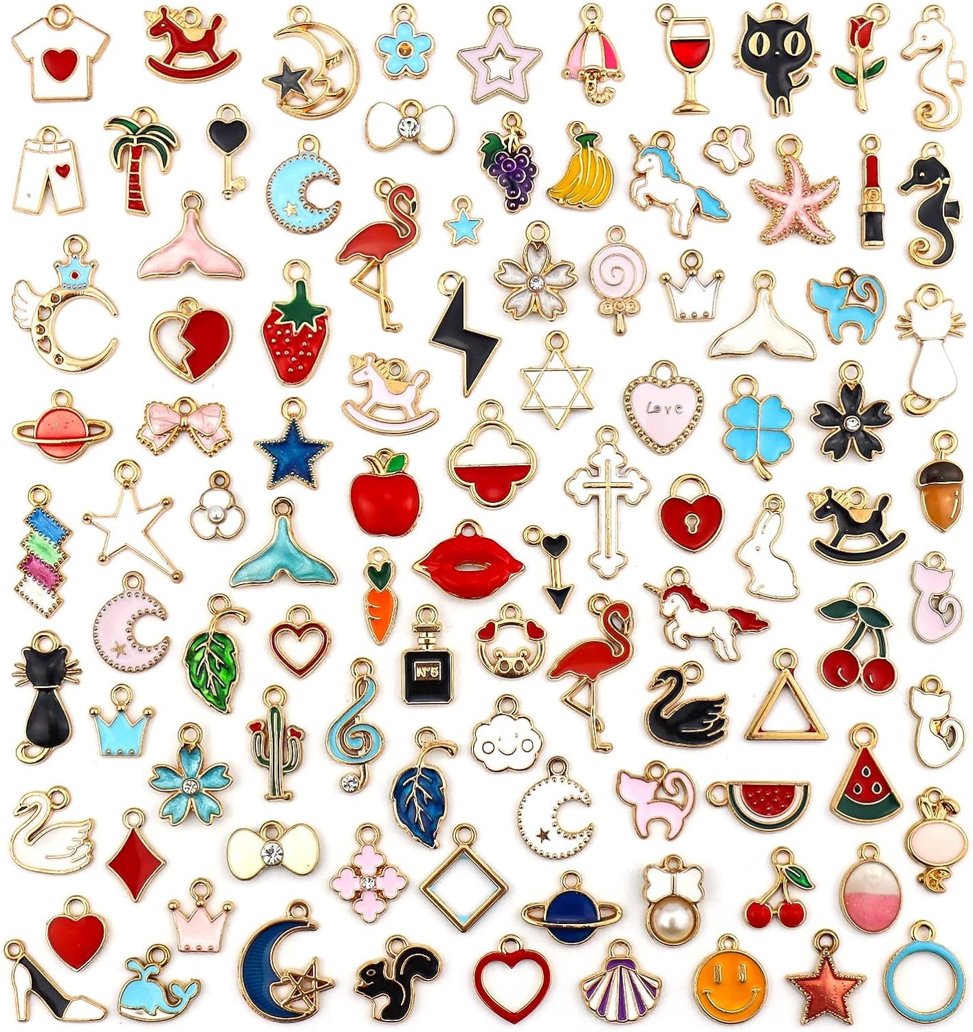 100PCS Gold Plated Enamel Charms Mixed Moon Star Fruit Animal Charm Colorful Pendant DIY for Necklace Bracelet Jewelry Making and Crafting