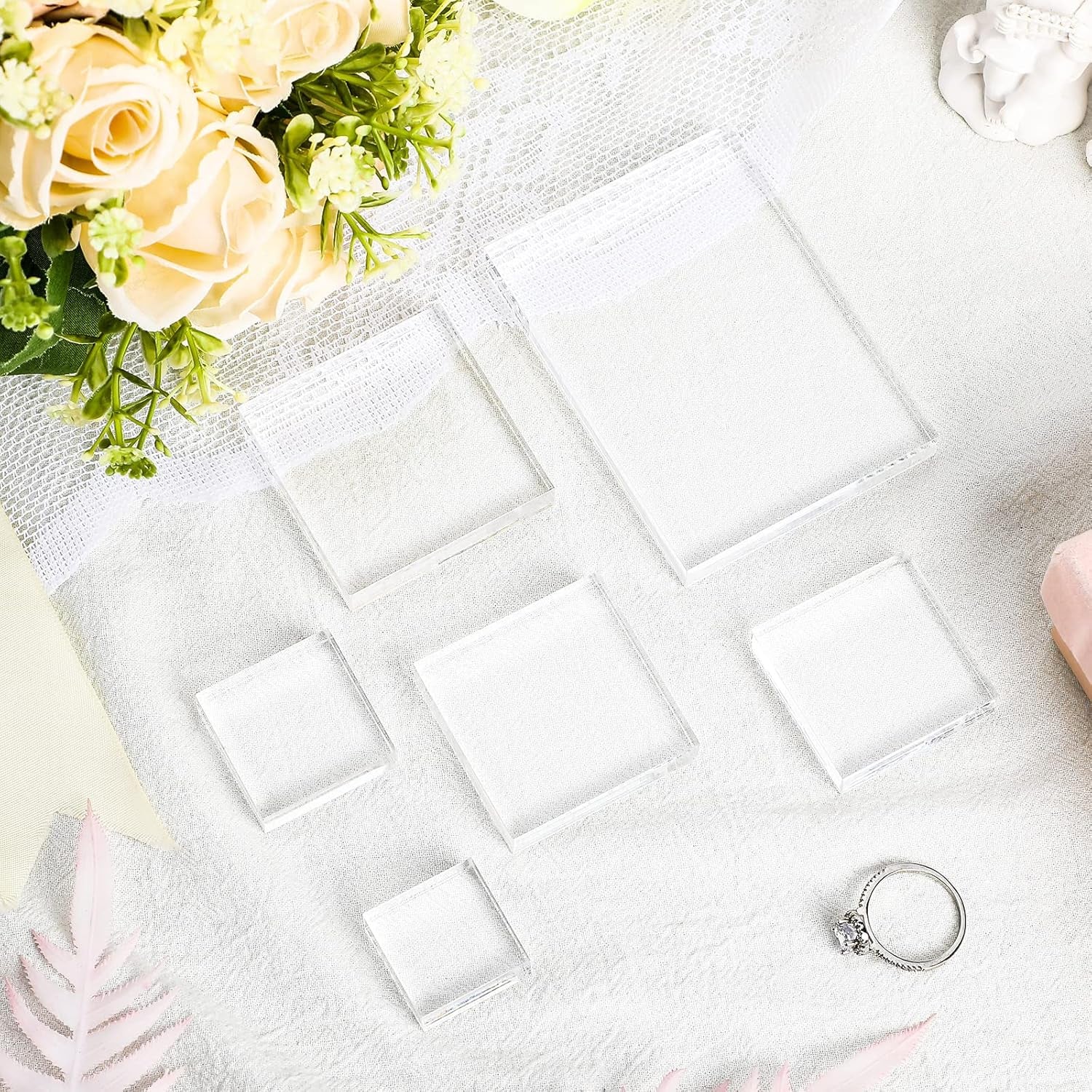 6 Pcs Acrylic Blocks Wedding Flat Lay Props Acrylic Styling Block Photography Clear Stamp Display Block Set Props Wedding for Scrapbooking Crafts(Square, Round)