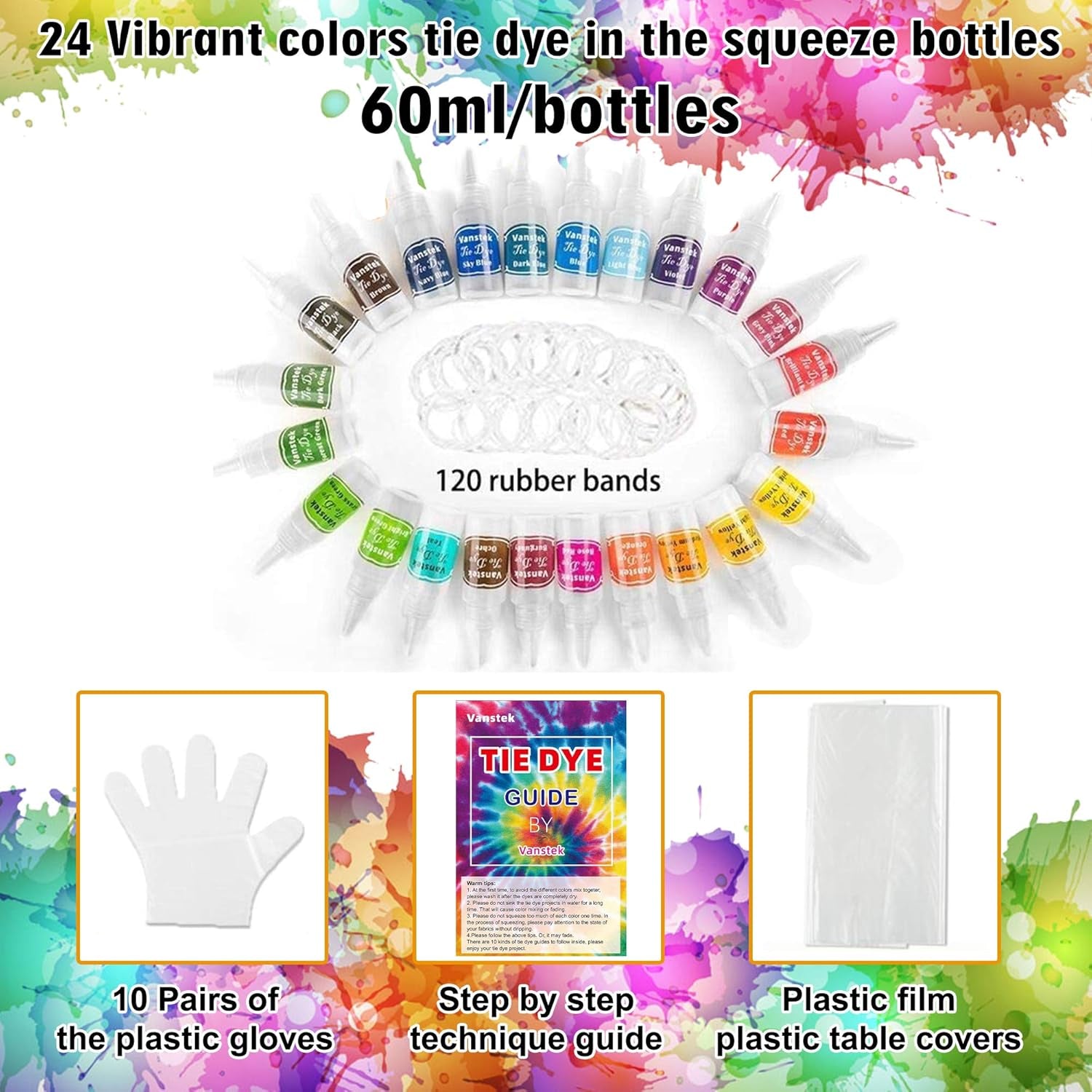 Tie Dye Kit, 24 Colors Tie Dye Shirt DIY Fabric Dye for Women, Kids, Men, with Rubber Bands, Gloves, Plastic Film and Table Covers for Family Friends Group Party Supplies