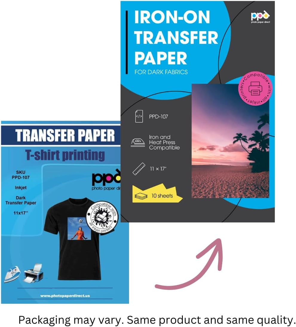 Iron on Transfer Paper for Dark Fabric Compatible with Inkjet Printer, 11 X 17 Printable T Shirt Heat Transfer Papers, Custom Print Photo, Durable, Flexible & Machine Washable (10 Sheets)