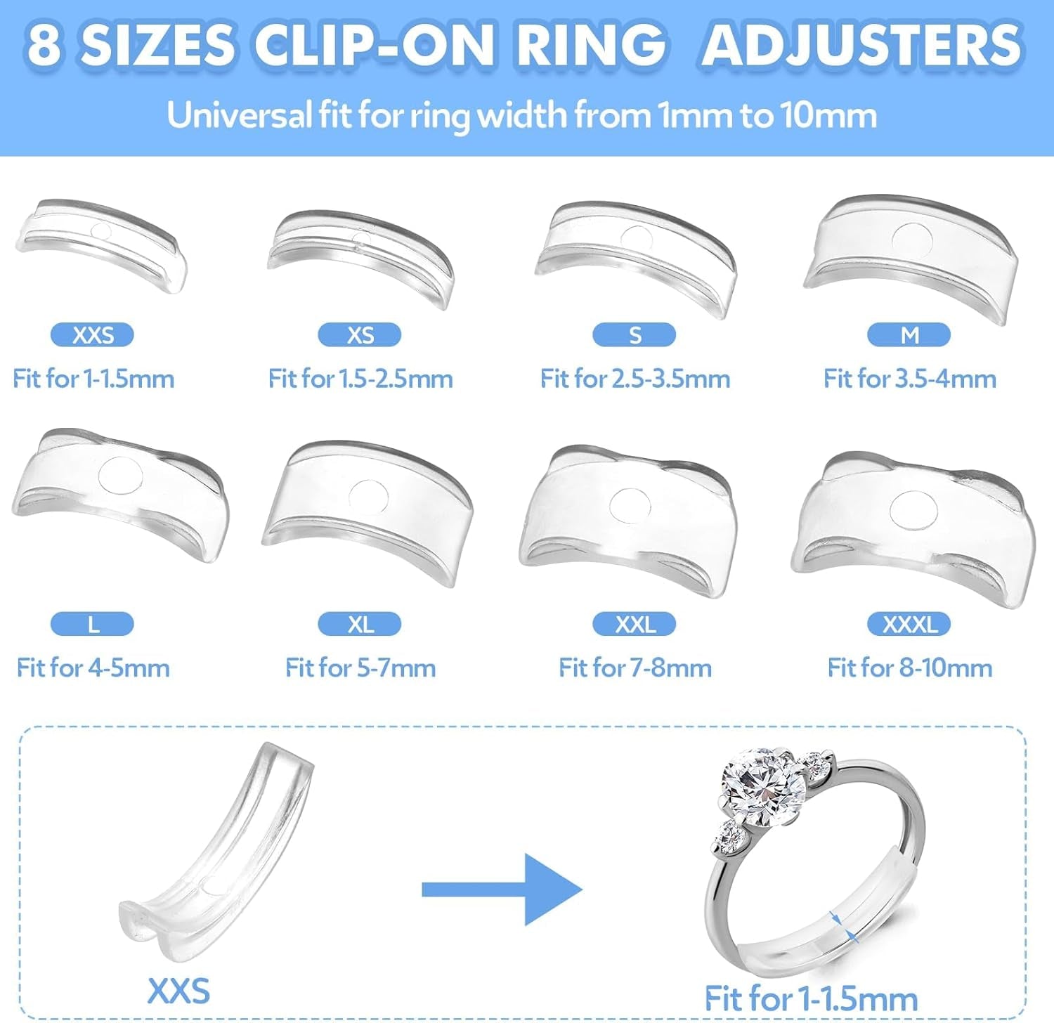 Ring Size Adjuster for Loose Rings- 110 Pcs Ring Size Adjusters Set Includes 8 Plug-In Invisible Ring Adjuster, 8 Spiral Silicone Tightener, EVA Invisible Sticker,Ring Size Measuring Tool
