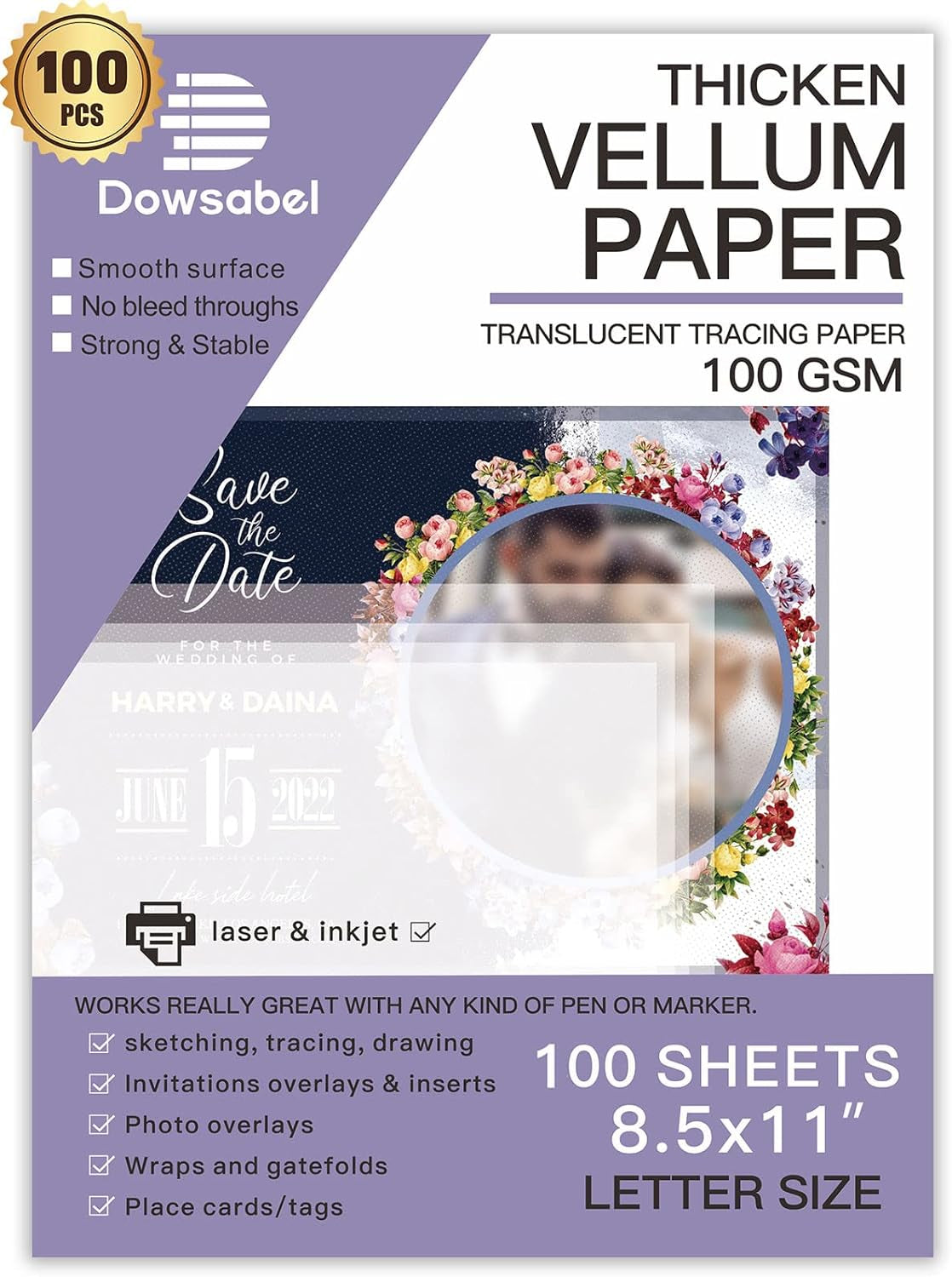 Translucent Vellum Paper,  68LBS 8.5 X 11 Inches Printable Vellums for Card Overlays, Invitations Belly Bands, Envelope, Lantern,50 Sheets