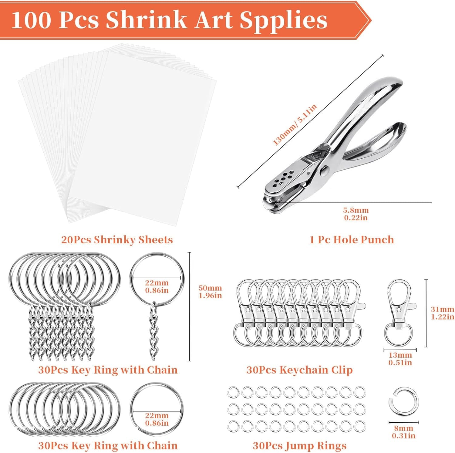 Shrinky Art Keychain Kit, Including 20 Sheets Shrink Plastic Paper, Keychain Clip, Split Key Rings, Key Rings with Chain, Jump Rings, Hole Punch for Craft Creative