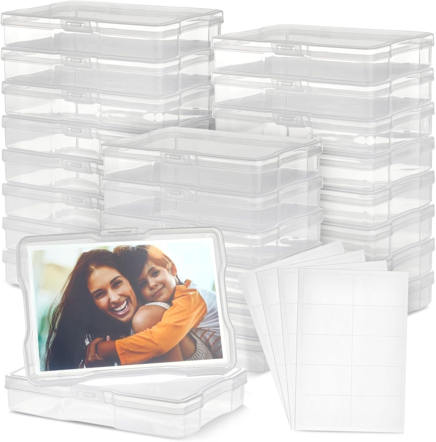 24 Photo Storage Boxes for 4X6 Pictures, Photo Organizer Storage Containers with 40 Blank Labels (Clear, 64 Total Pieces)