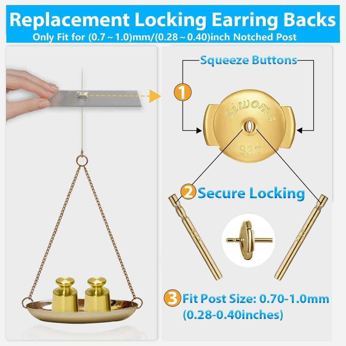 2-Pairs 18K Gold Plated Locking Earring-Back Replacements Secure for Diamond Studs, Hypoallergenic Sterling Silver Backings for Notched Post (0.7～1.0Mm)