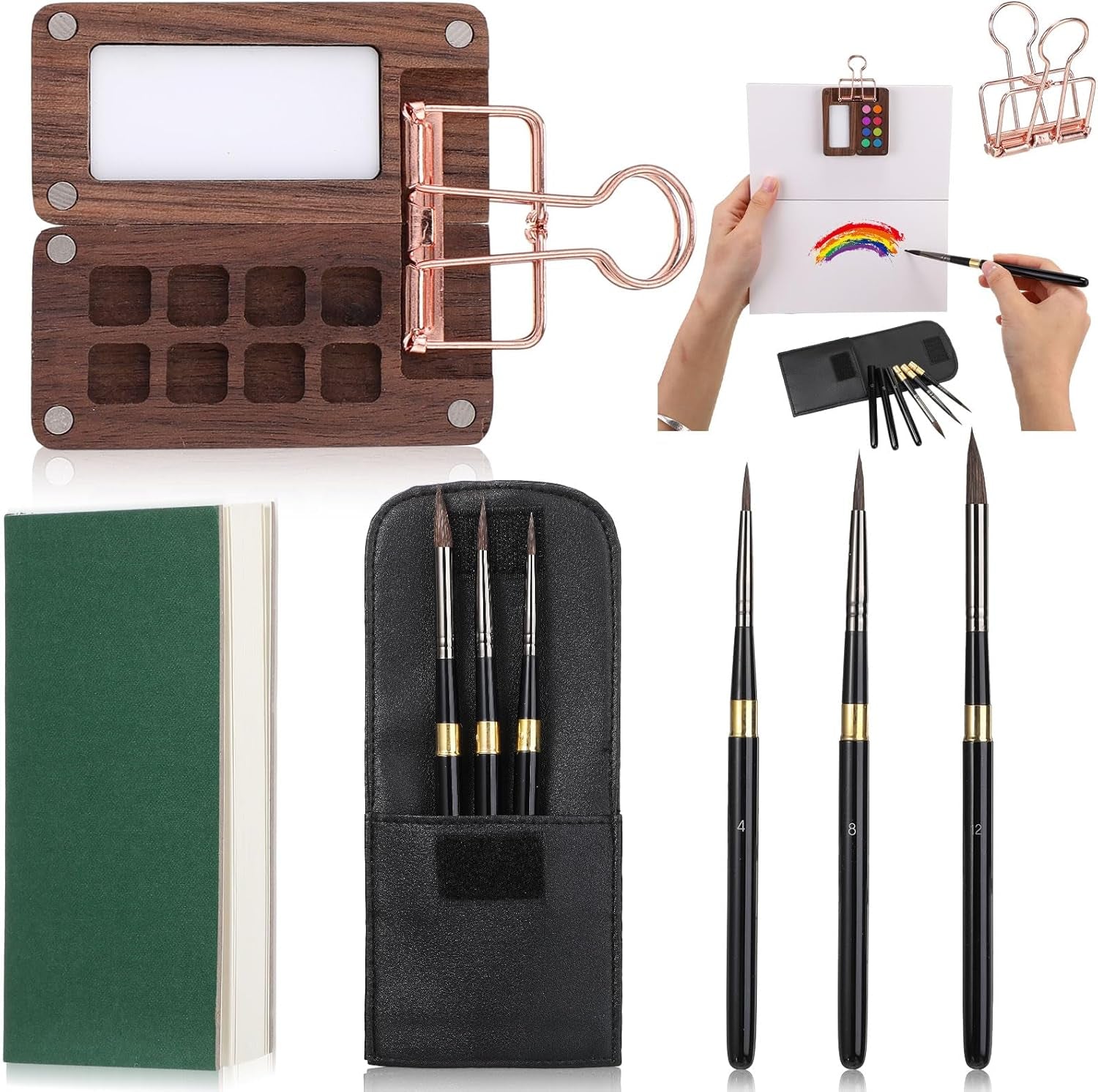 7 Pcs Portable Watercolor Palette with Clip Mini Watercolor Paper Sketchbook Travel Watercolor Brushes Set Wooden Color Palette Box 3 round Artist Paint Brushes with Protective Case (15 Color)