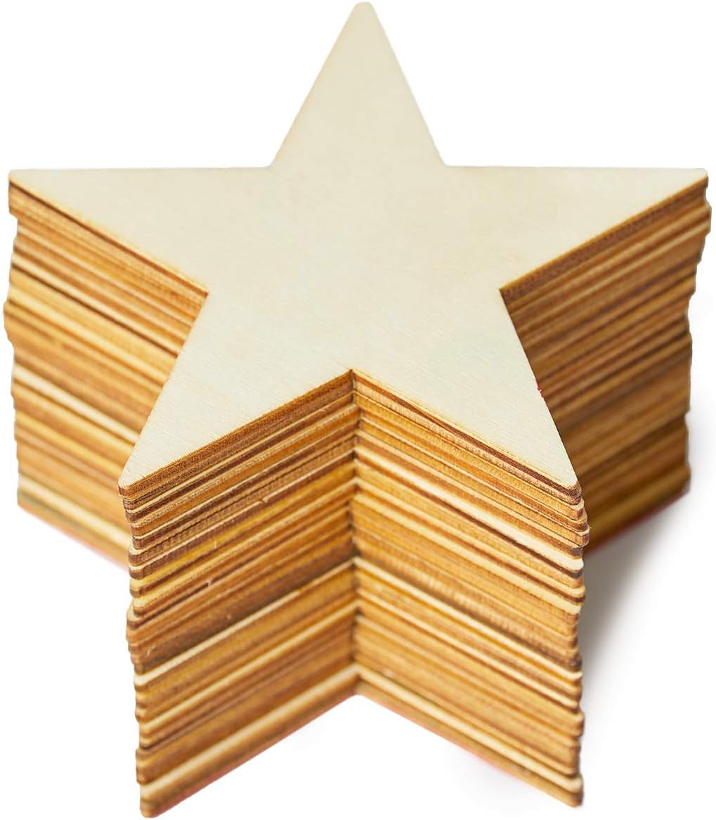 Wooden Stars for Crafting, 24-Pack Unfinished Wood Star Cutouts, 4 Inches