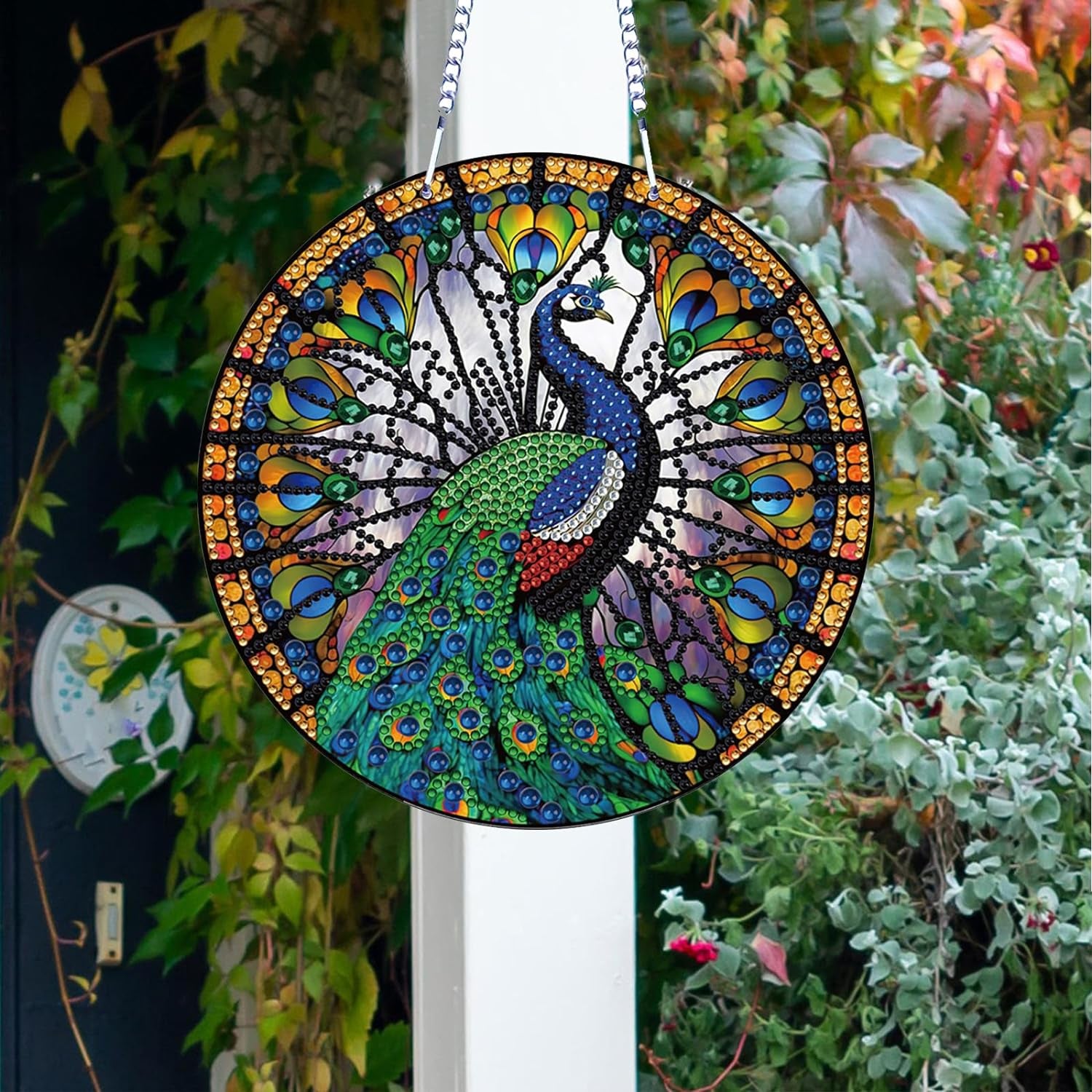 5D Peacock Diamond Painting Kits Hanging Pendants Wall Art Colored Imitation Glass Art Point Drill Crystal Diamond Art Window Pendants Home Garden Wall Door Birthday Festival Gifts